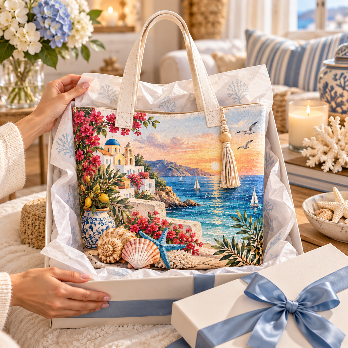 Mediterranean Village Canvas Tote Bag – Coastal Travel Tote with Seaside Town, Ocean View & Floral Beach Design