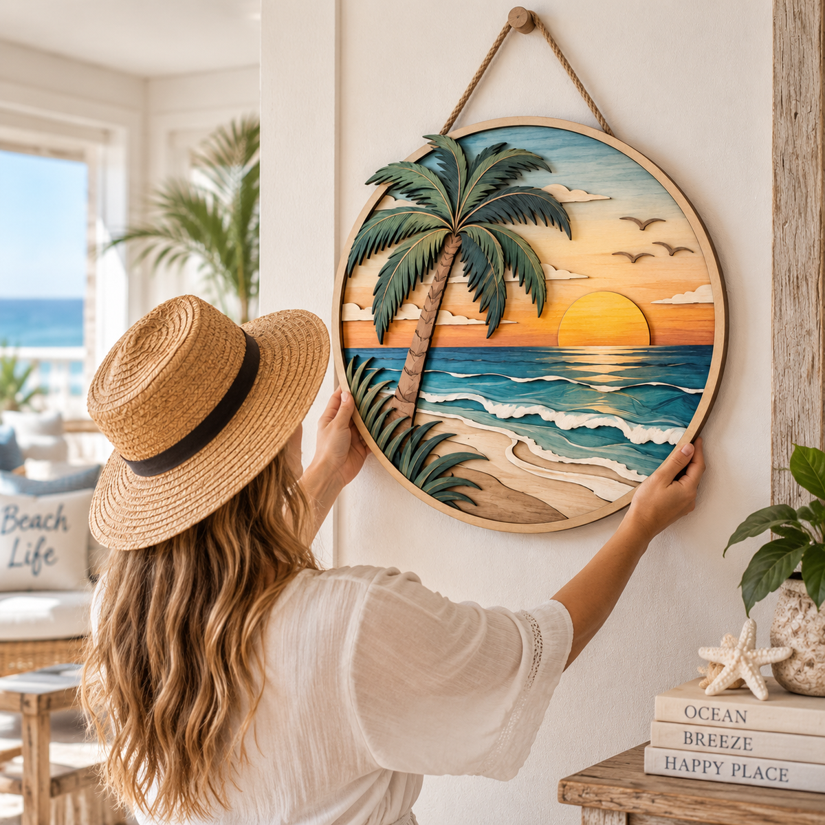 Tropical Sunset Ocean Wooden Wall Decor – Handcrafted Coastal Hanging Artwork for Beach House & Seaside Home