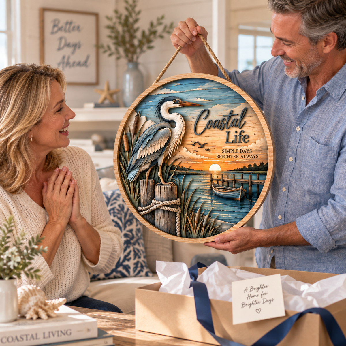 Coastal Life Heron Wooden Wall Decor – Handcrafted Seaside Hanging Artwork with Marsh Bird & Sunset Ocean Scene