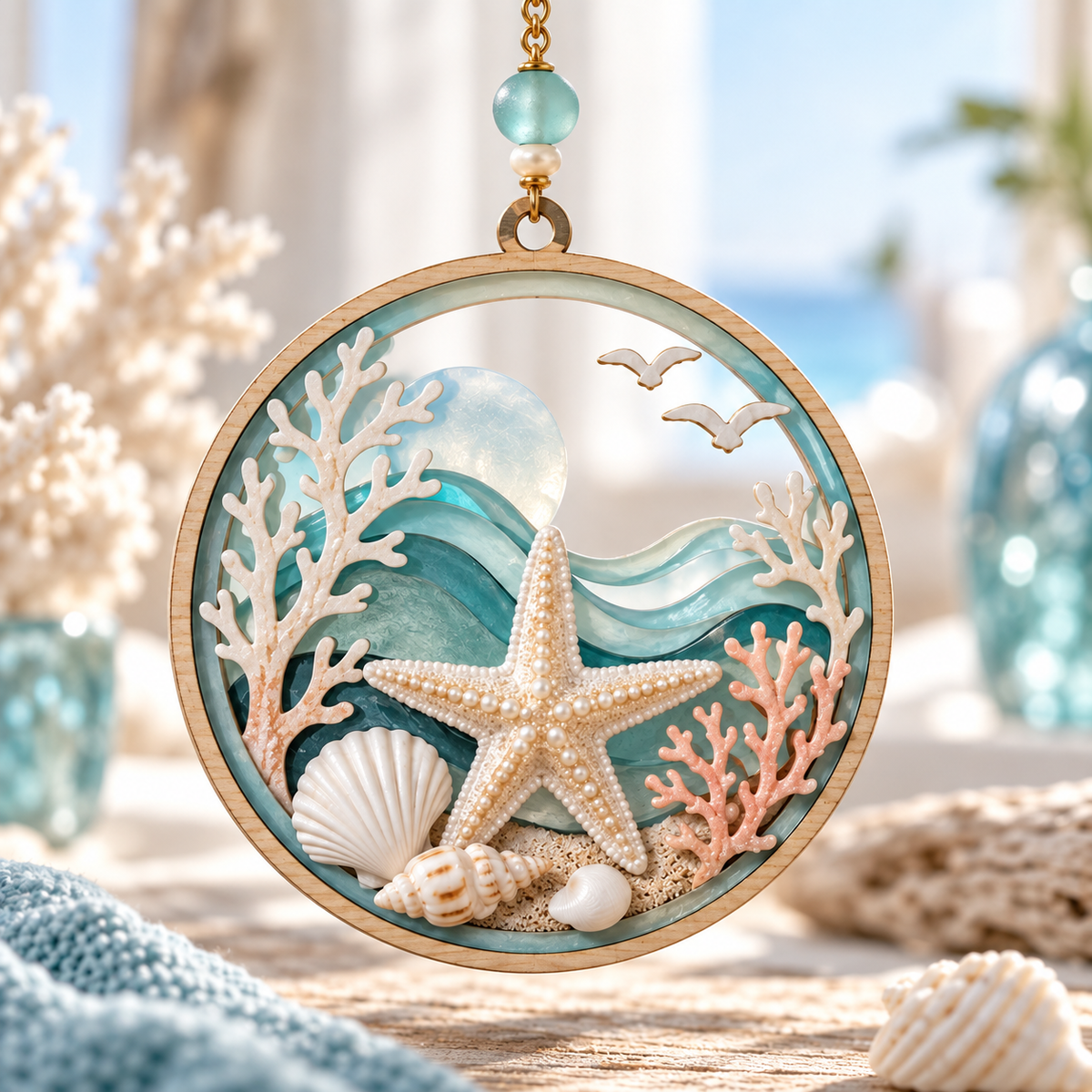 Coastal Starfish Ocean Glass Hanging Decor – Handcrafted Seaside Window Ornament with Shells, Waves & Beach-Inspired Details