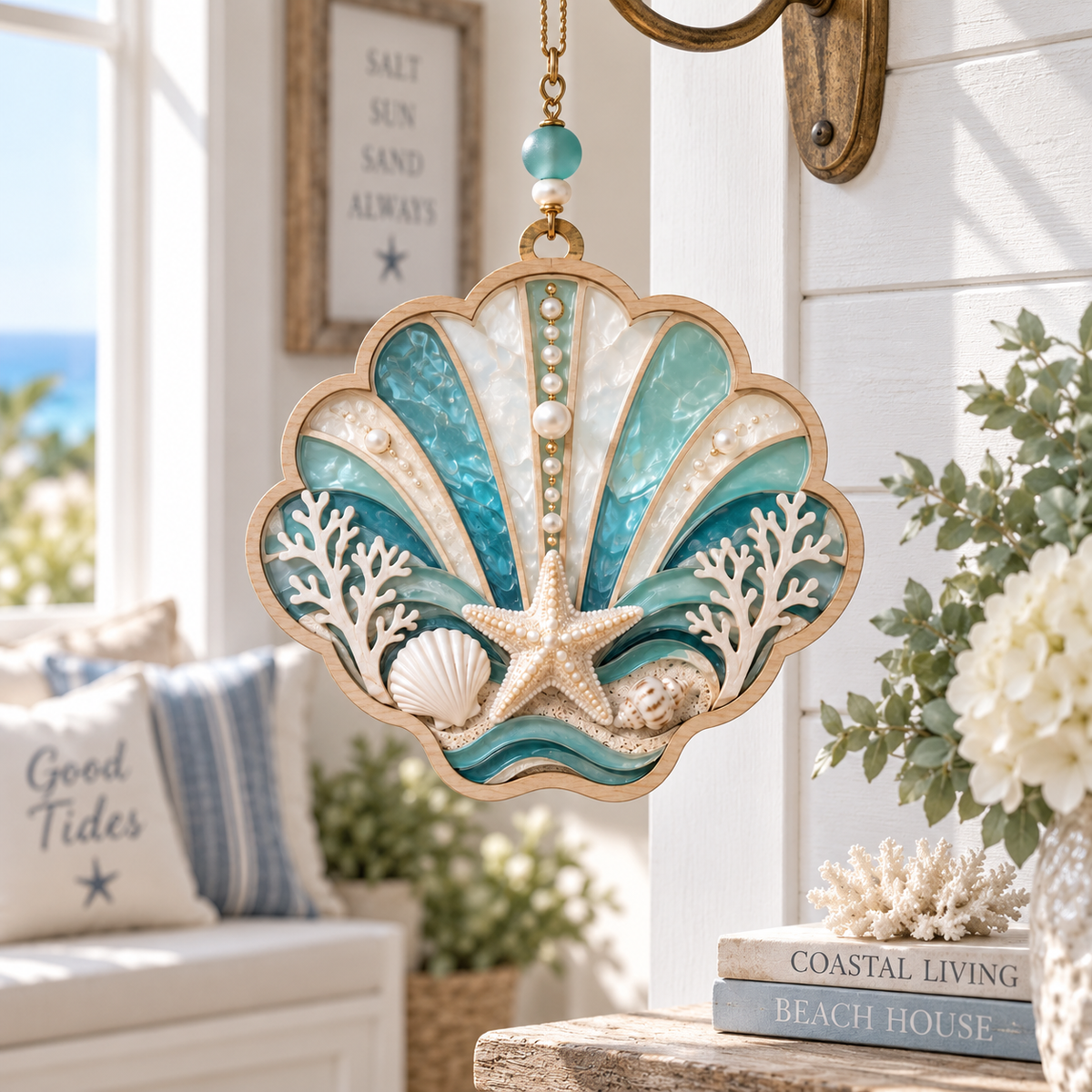 Seashell Serenity Coastal Hanging Decor – Handcrafted Ocean Shell Ornament with Starfish, Pearls & Beach-Inspired Details