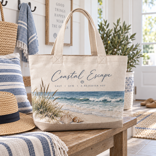 Coastal Escape Canvas Tote Bag – Ocean Wave Beach Bag with Seaside Artwork for Everyday Carry & Summer Adventures