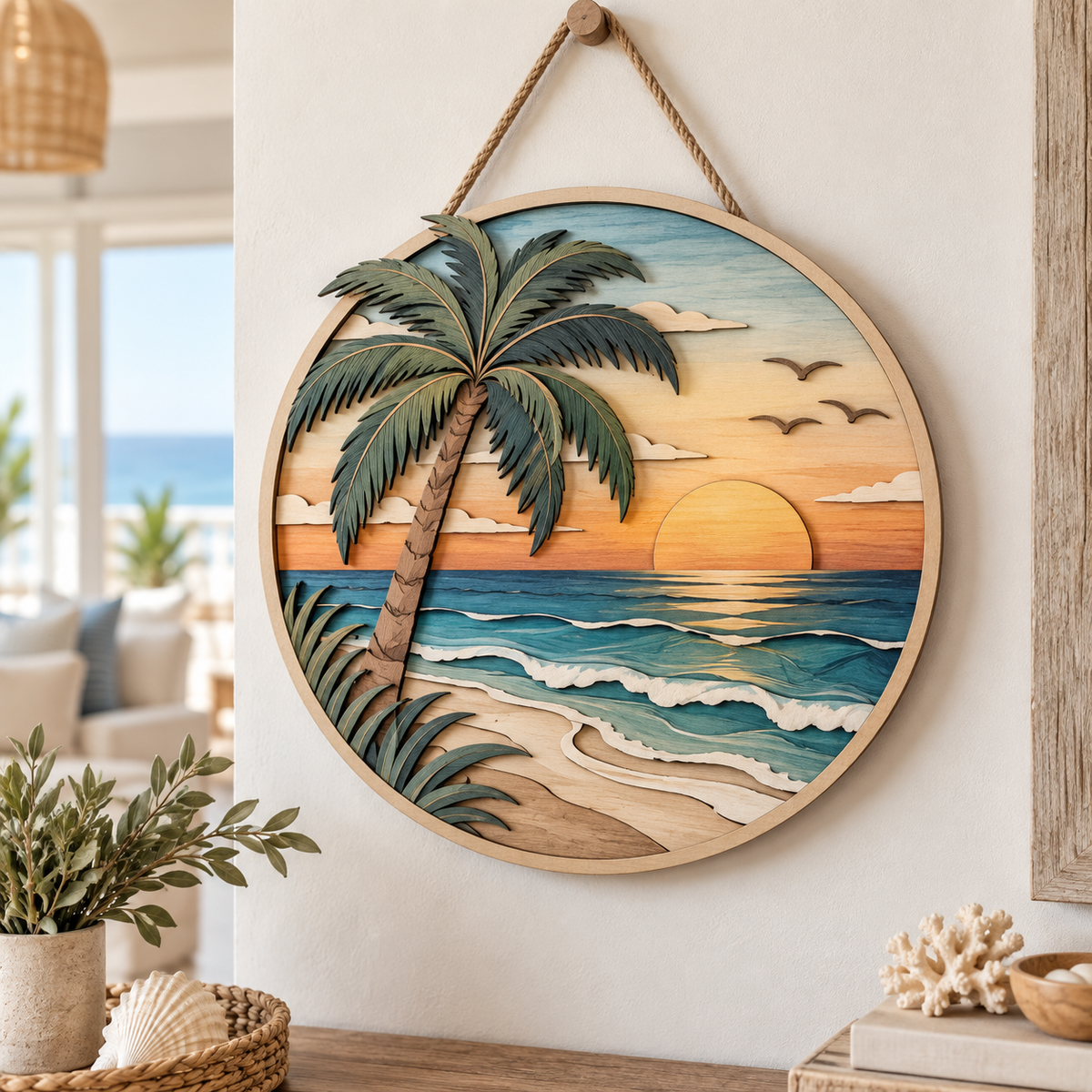 Tropical Sunset Ocean Wooden Wall Decor – Handcrafted Coastal Hanging Artwork for Beach House & Seaside Home