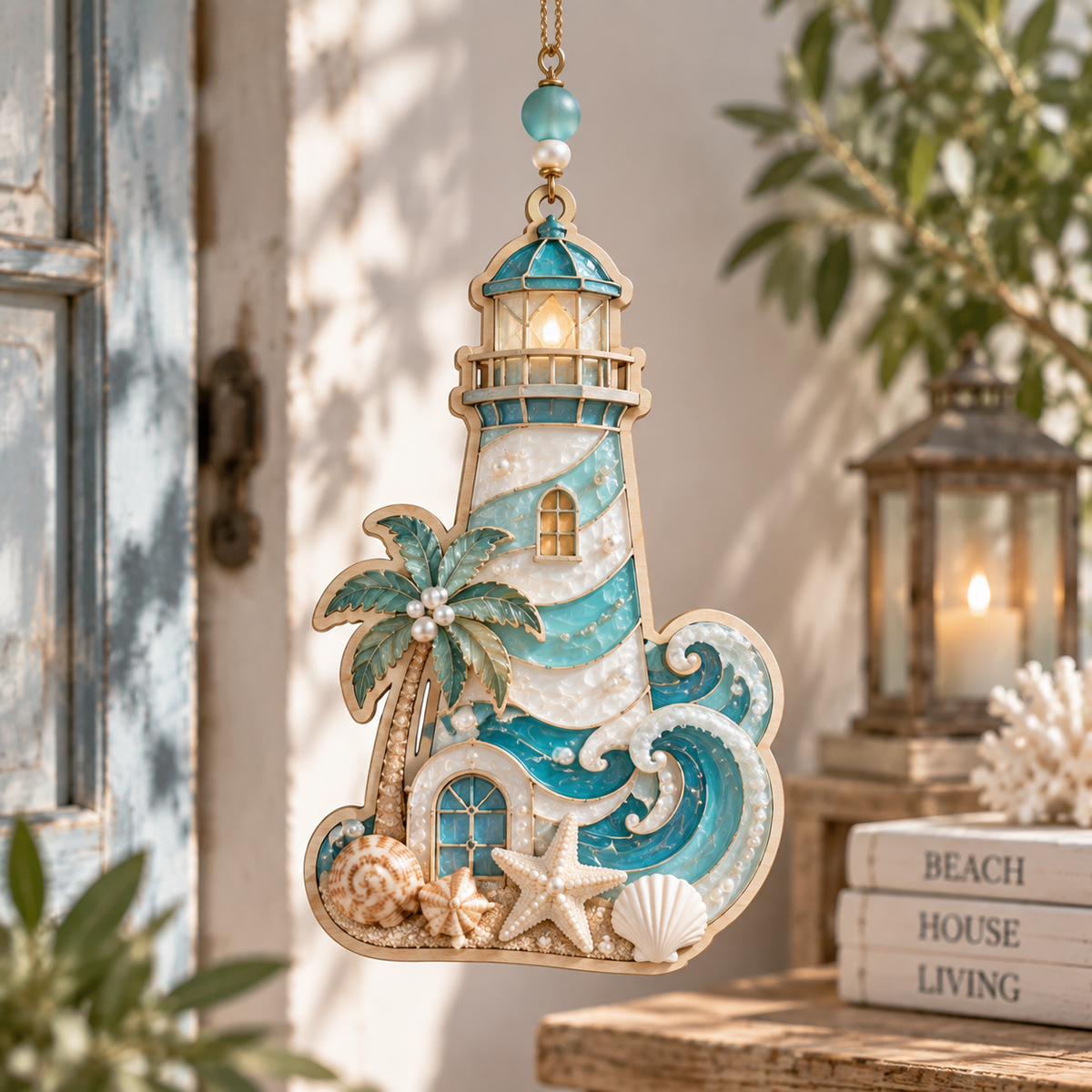 Coastal Lighthouse Sunset Hanging Decor – Handcrafted Ocean Lighthouse Ornament with Palm Tree, Waves & Beach House Details