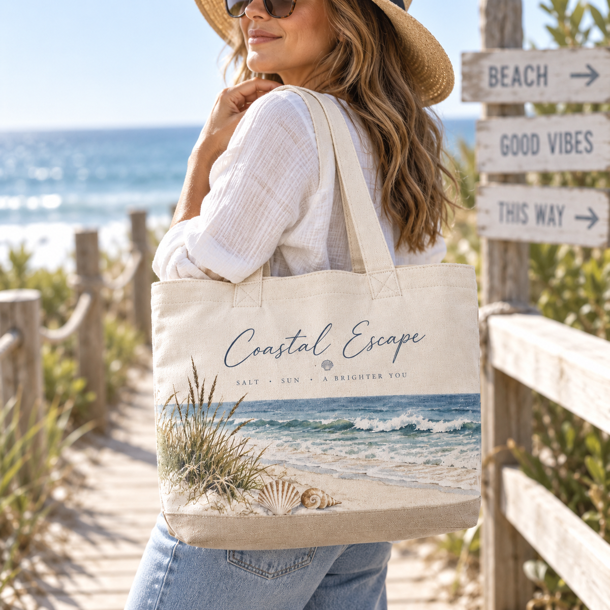 Coastal Escape Canvas Tote Bag – Ocean Wave Beach Bag with Seaside Artwork for Everyday Carry & Summer Adventures