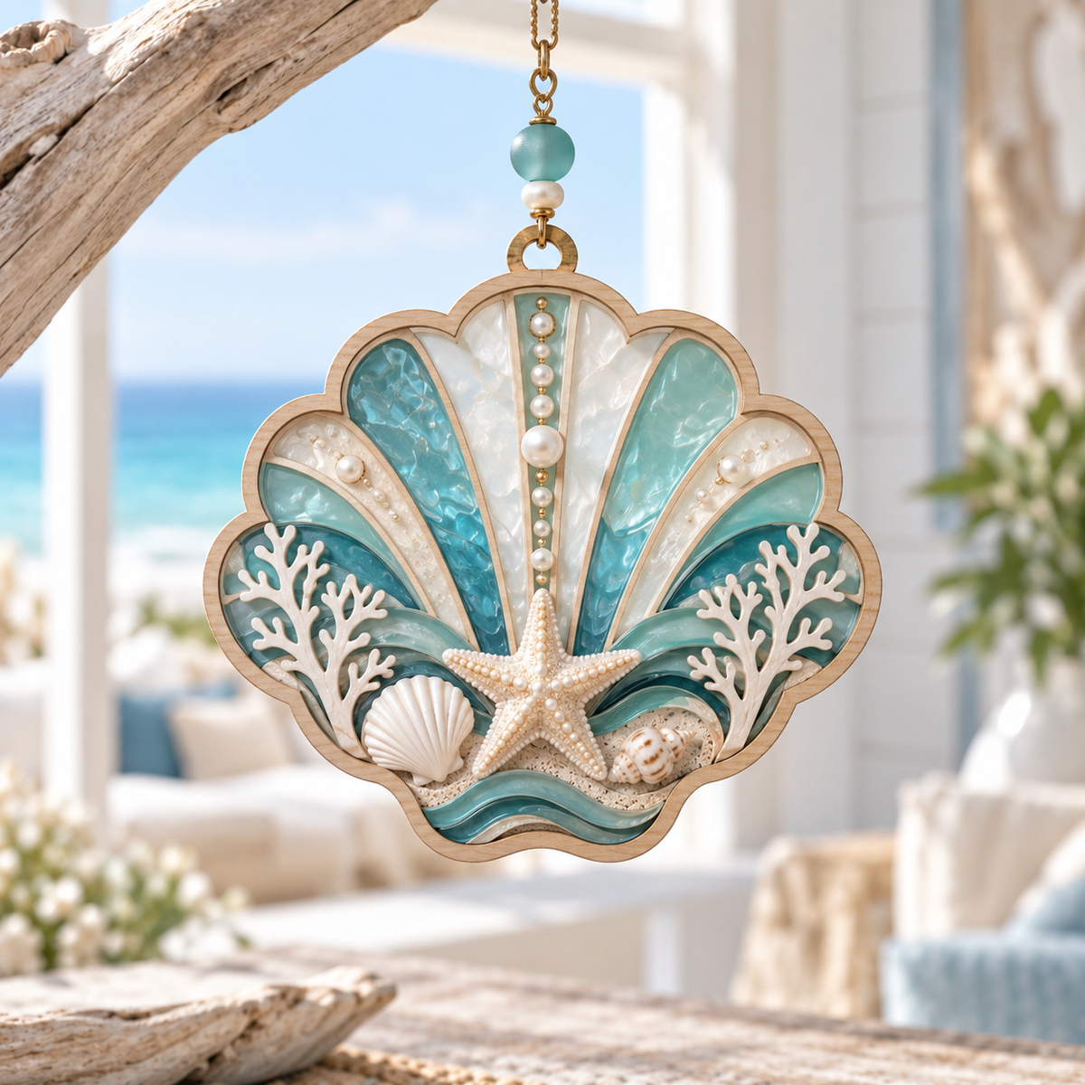 Seashell Serenity Coastal Hanging Decor – Handcrafted Ocean Shell Ornament with Starfish, Pearls & Beach-Inspired Details