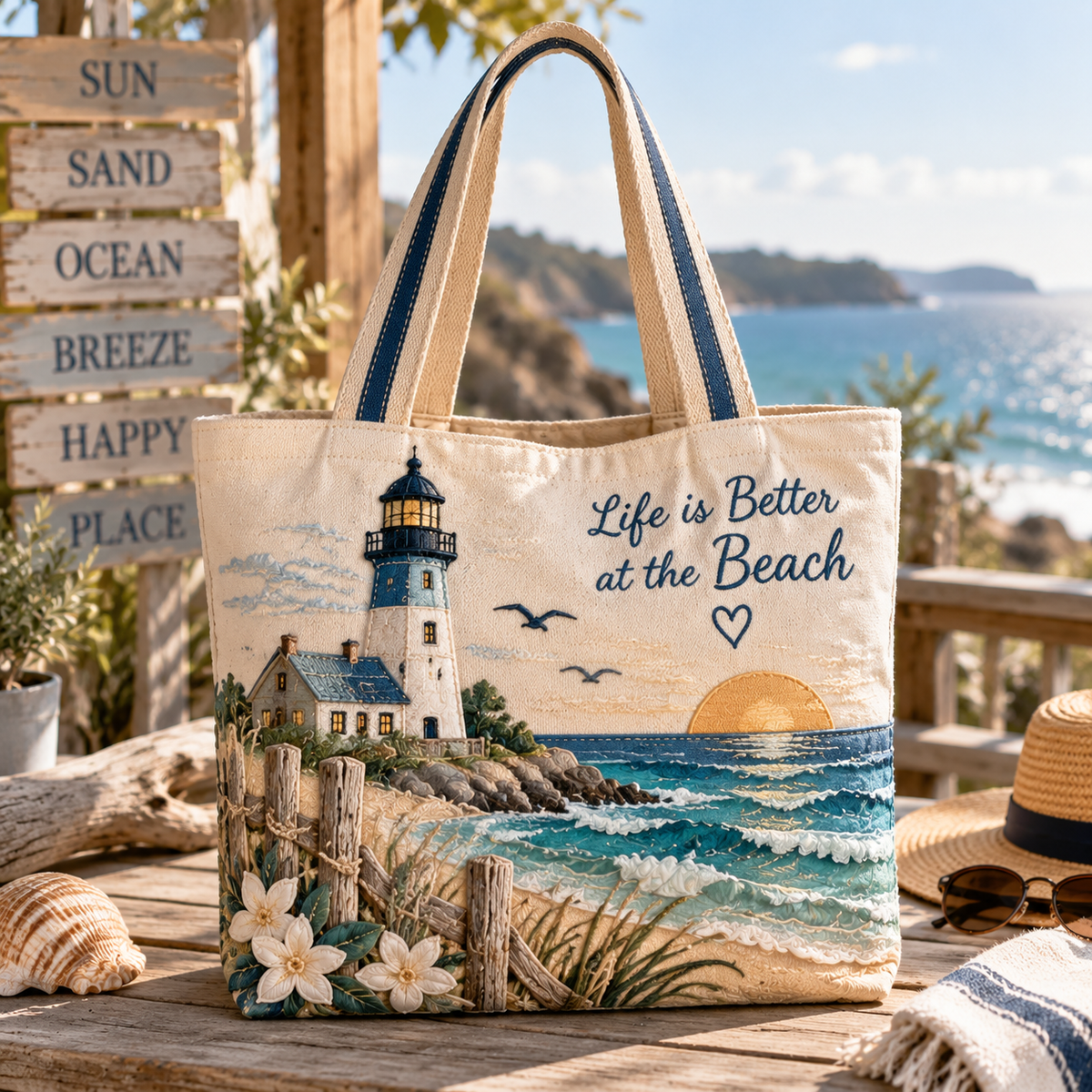 Coastal Lighthouse Beach Canvas Tote Bag – Ocean-Inspired Carryall with Seaside Lighthouse Design for Everyday Adventures