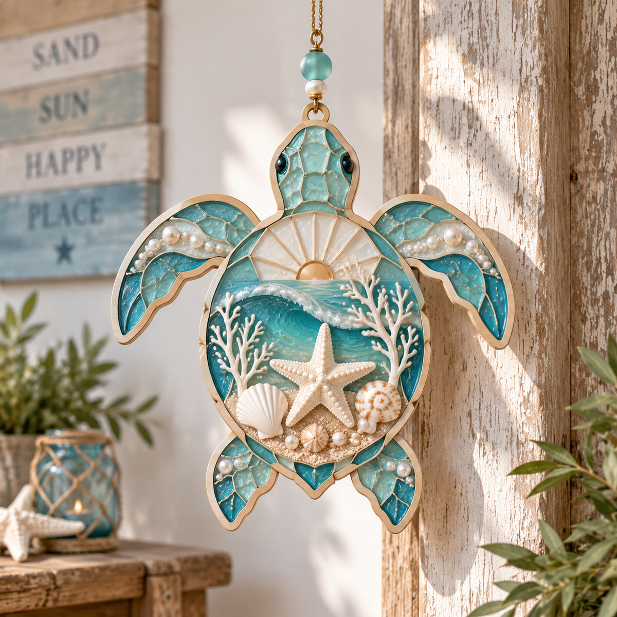 Ocean Turtle Serenity Hanging Decor – Handcrafted Sea Turtle Ornament with Pearl Details, Coral & Coastal Wave Design