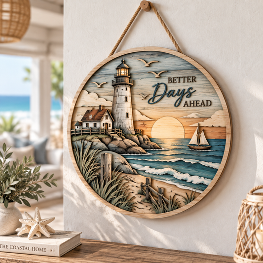Lighthouse Coastal Escape Wooden Wall Decor – Handcrafted Ocean Scene Hanging Artwork for Beach House & Nautical Home Style