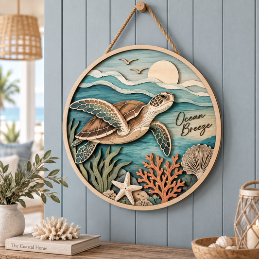 Ocean Breeze Sea Turtle Wooden Wall Decor – Handcrafted Coastal Hanging Artwork for Beach House & Ocean Lover Home