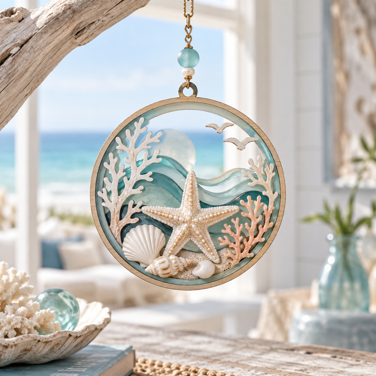 Coastal Starfish Ocean Glass Hanging Decor – Handcrafted Seaside Window Ornament with Shells, Waves & Beach-Inspired Details