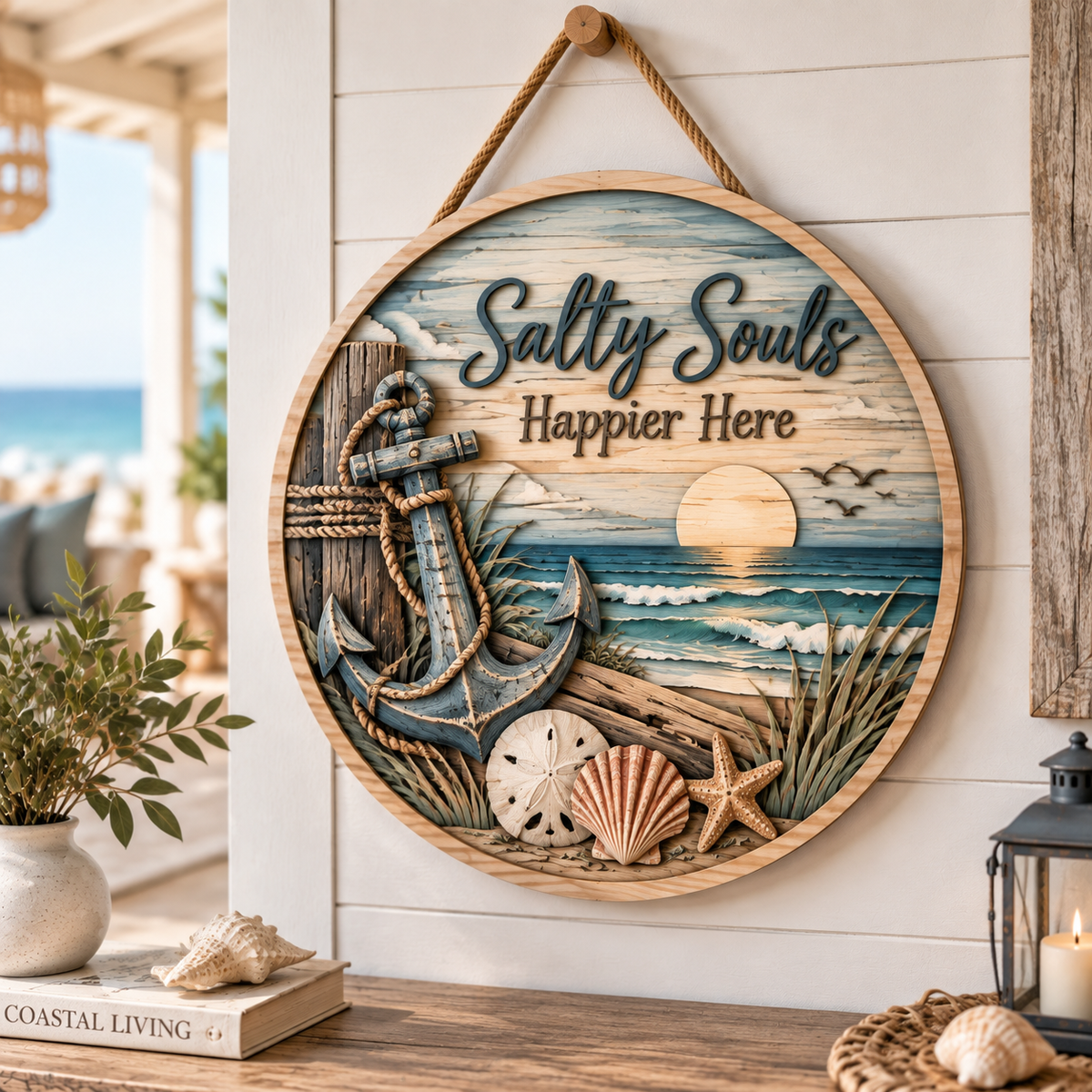 Salty Souls Coastal Wooden Wall Decor – Handcrafted Ocean Hanging Artwork with Anchor & Beach Scene for Coastal Home Style