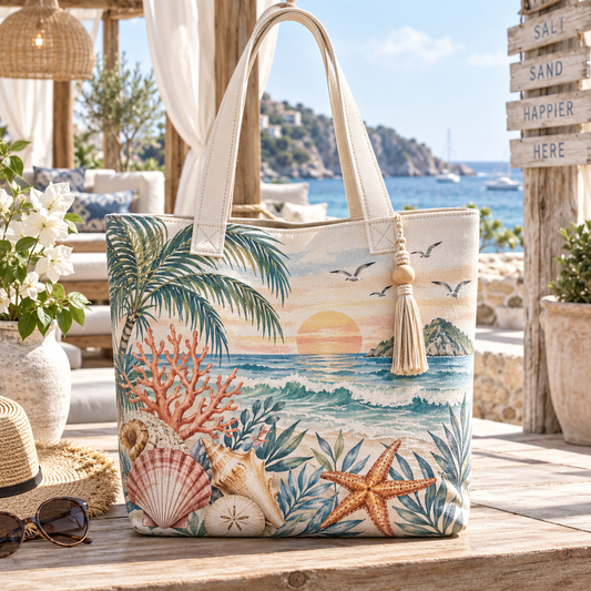 Mediterranean Escape Canvas Tote Bag – Coastal Ocean Wave Beach Bag with Seashell, Coral & Sunset Design