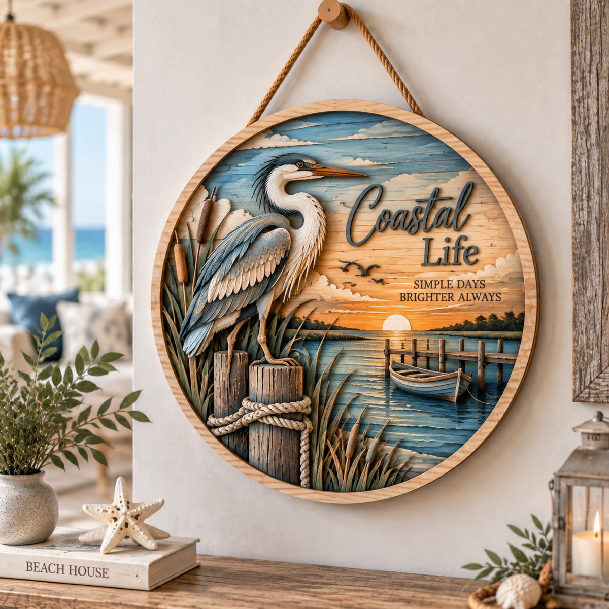 Coastal Life Heron Wooden Wall Decor – Handcrafted Seaside Hanging Artwork with Marsh Bird & Sunset Ocean Scene