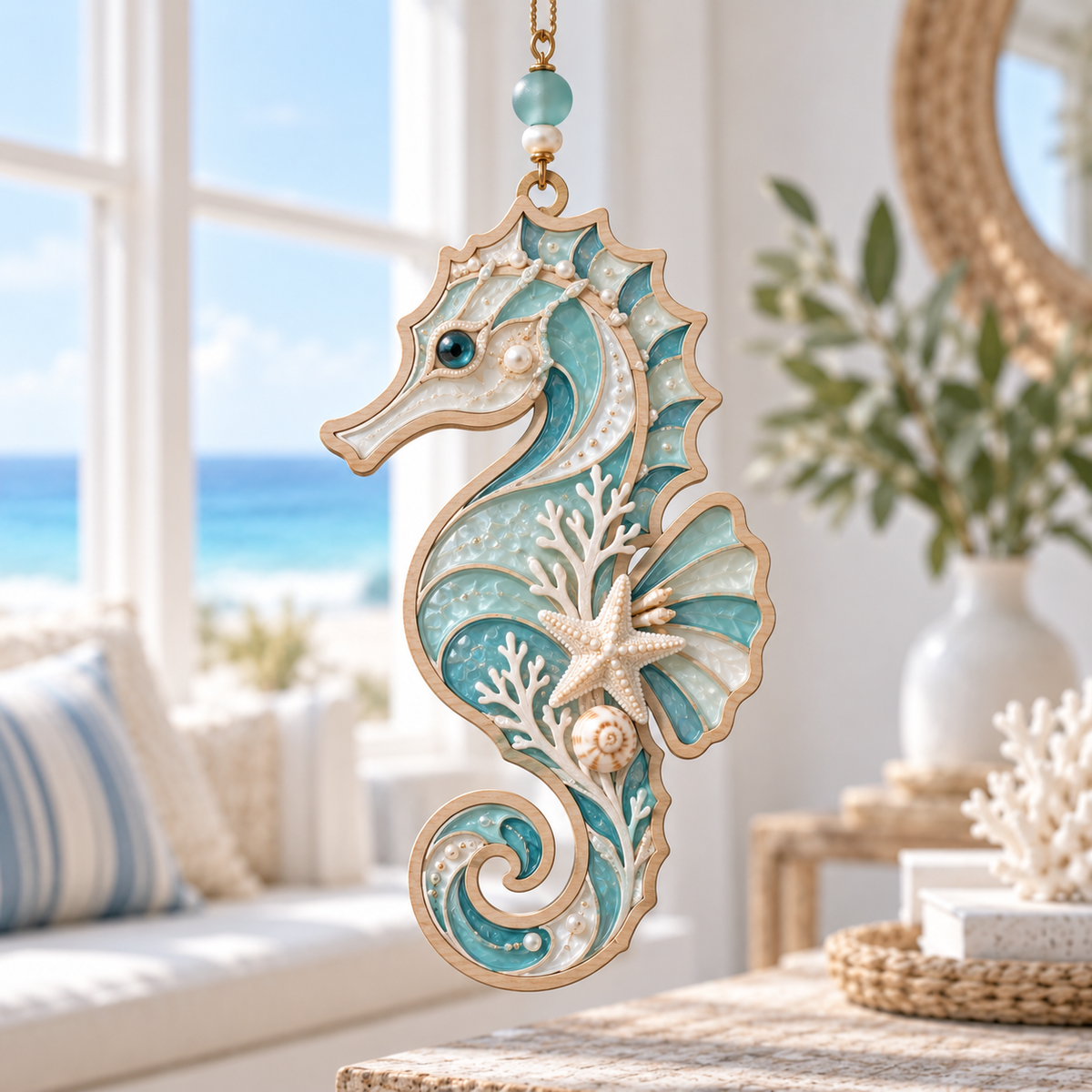 Ocean Grace Seahorse Hanging Decor – Handcrafted Coastal Ornament with Pearl Details, Starfish & Ocean-Inspired Design