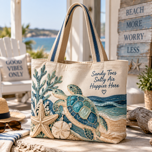 Sandy Toes Coastal Turtle Canvas Tote Bag – Ocean-Inspired Beach Bag with Sea Turtle Design for Everyday Adventures