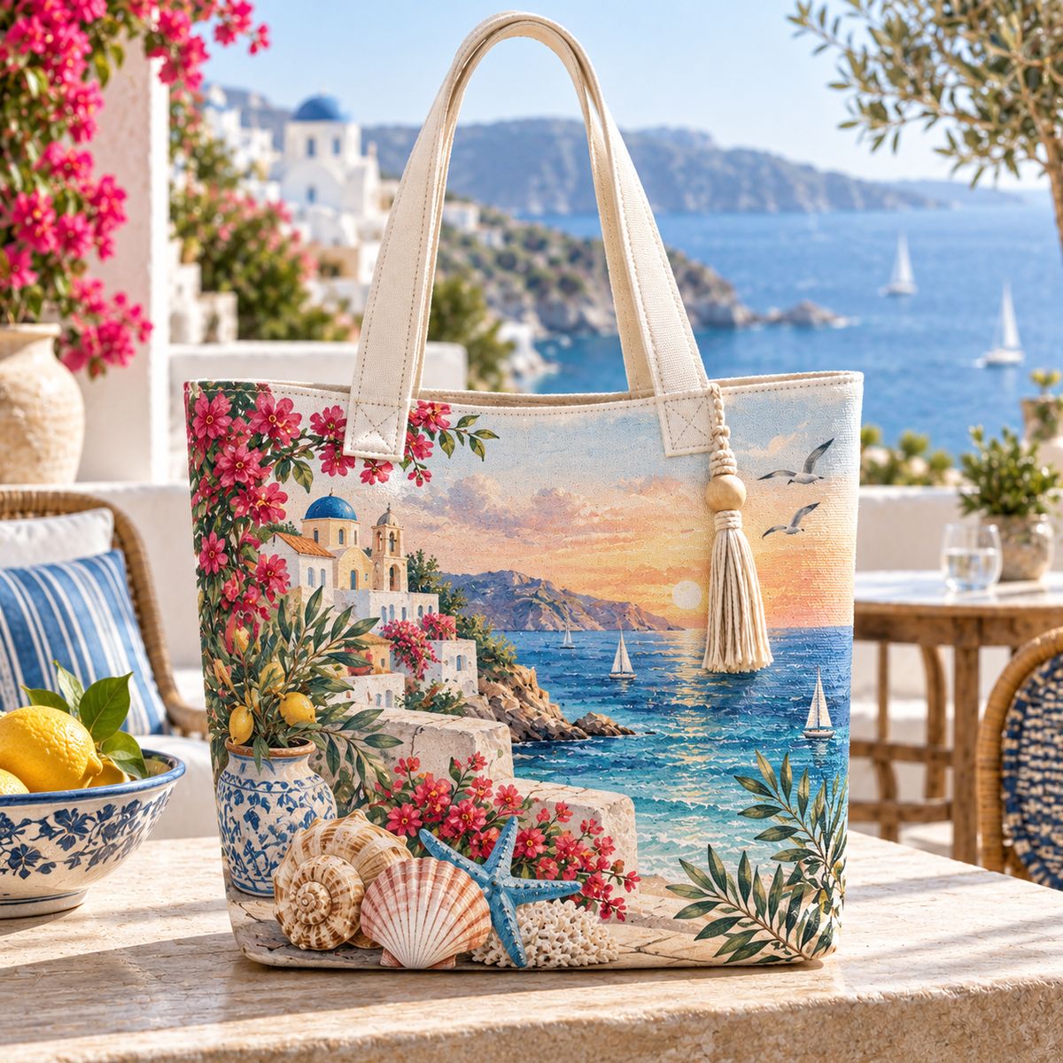 Mediterranean Village Canvas Tote Bag – Coastal Travel Tote with Seaside Town, Ocean View & Floral Beach Design