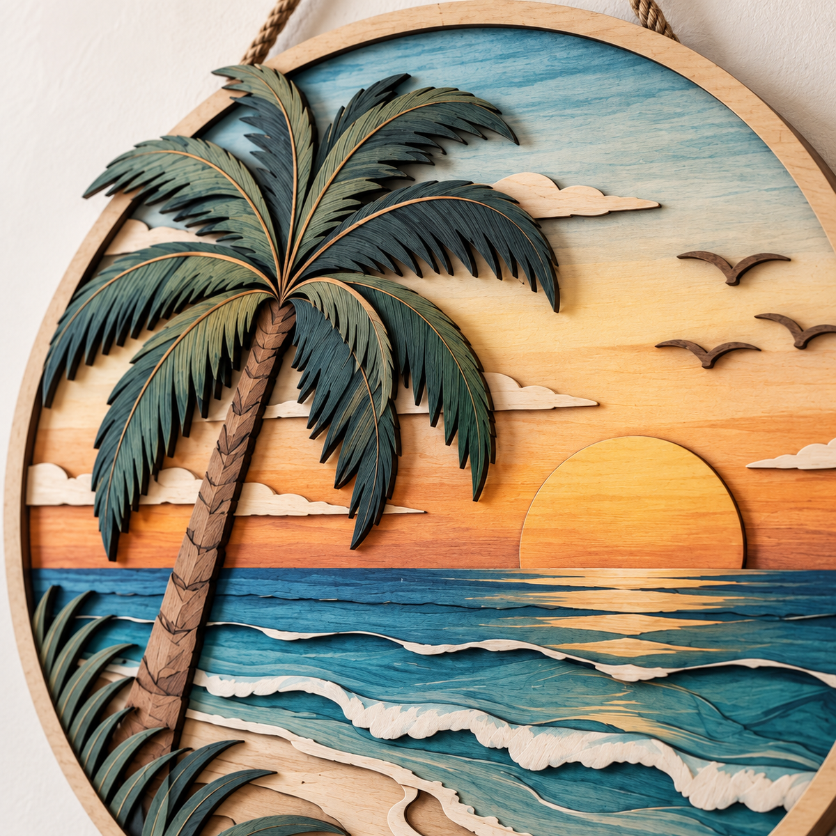 Tropical Sunset Ocean Wooden Wall Decor – Handcrafted Coastal Hanging Artwork for Beach House & Seaside Home