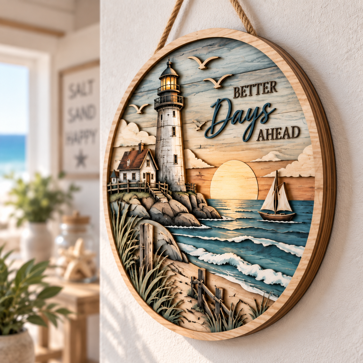 Lighthouse Coastal Escape Wooden Wall Decor – Handcrafted Ocean Scene Hanging Artwork for Beach House & Nautical Home Style