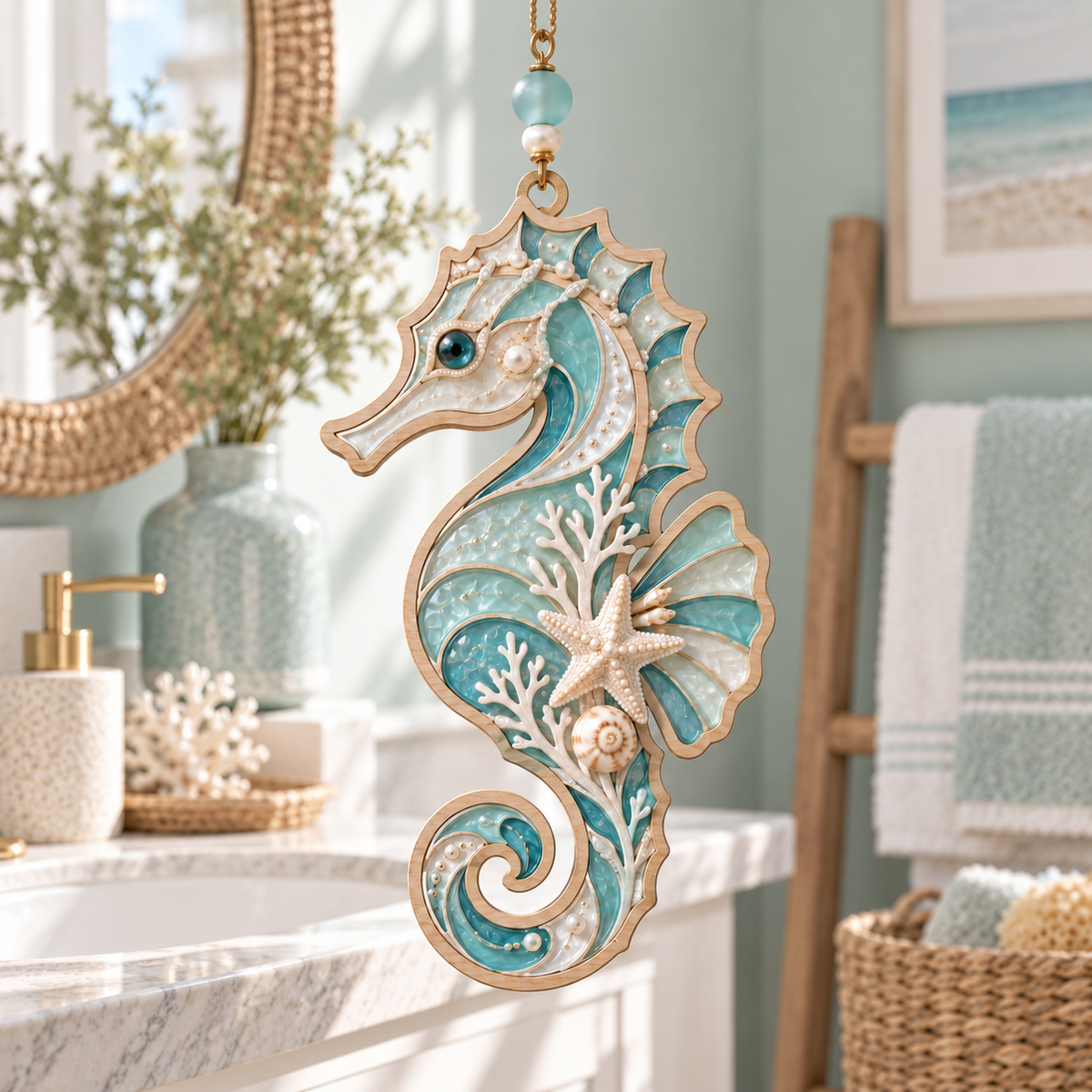 Ocean Grace Seahorse Hanging Decor – Handcrafted Coastal Ornament with Pearl Details, Starfish & Ocean-Inspired Design