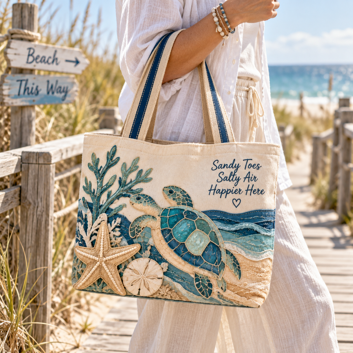 Sandy Toes Coastal Turtle Canvas Tote Bag – Ocean-Inspired Beach Bag with Sea Turtle Design for Everyday Adventures