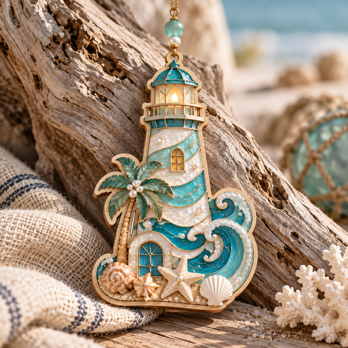 Coastal Lighthouse Sunset Hanging Decor – Handcrafted Ocean Lighthouse Ornament with Palm Tree, Waves & Beach House Details