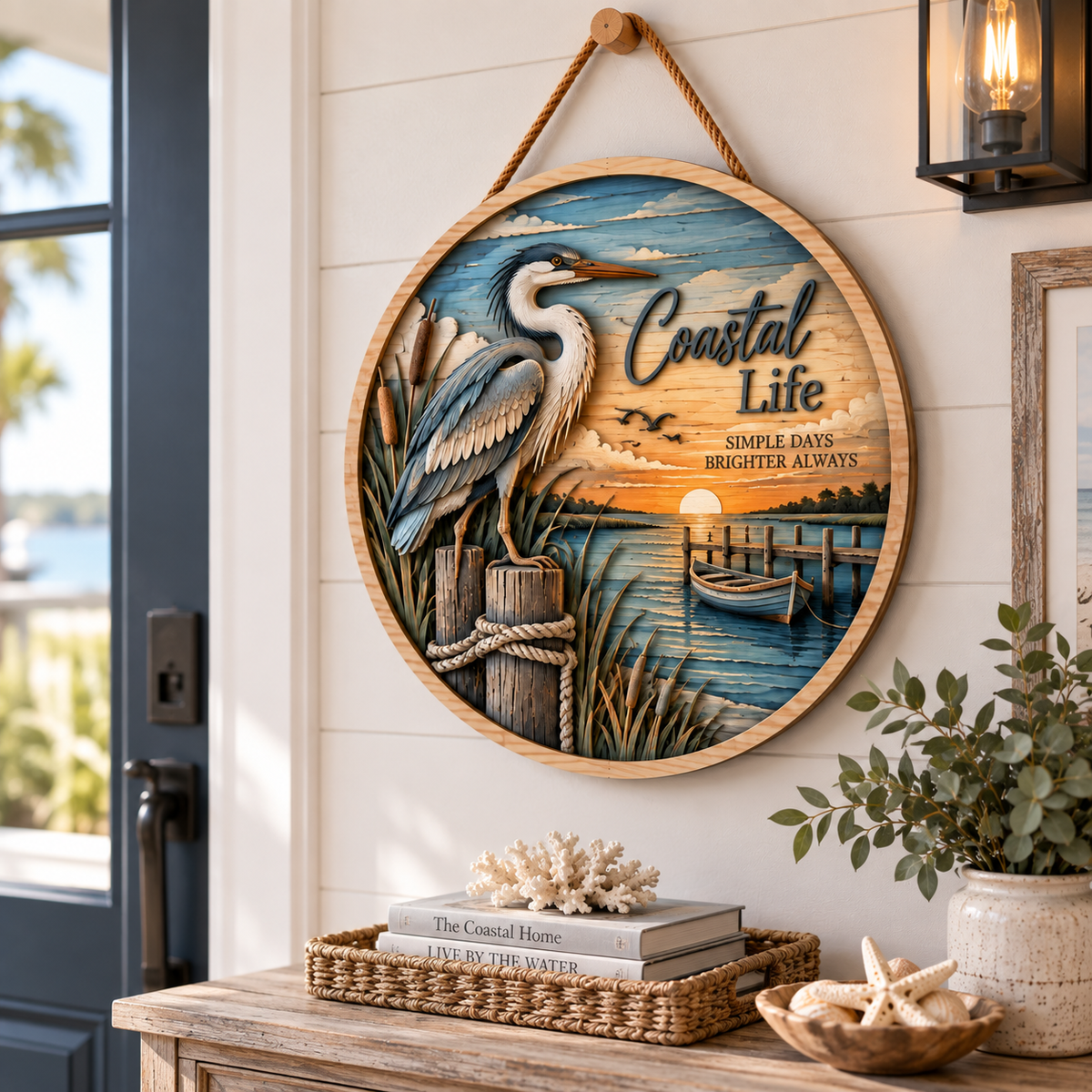 Coastal Life Heron Wooden Wall Decor – Handcrafted Seaside Hanging Artwork with Marsh Bird & Sunset Ocean Scene