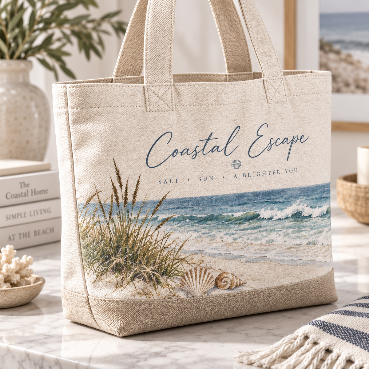 Coastal Escape Canvas Tote Bag – Ocean Wave Beach Bag with Seaside Artwork for Everyday Carry & Summer Adventures