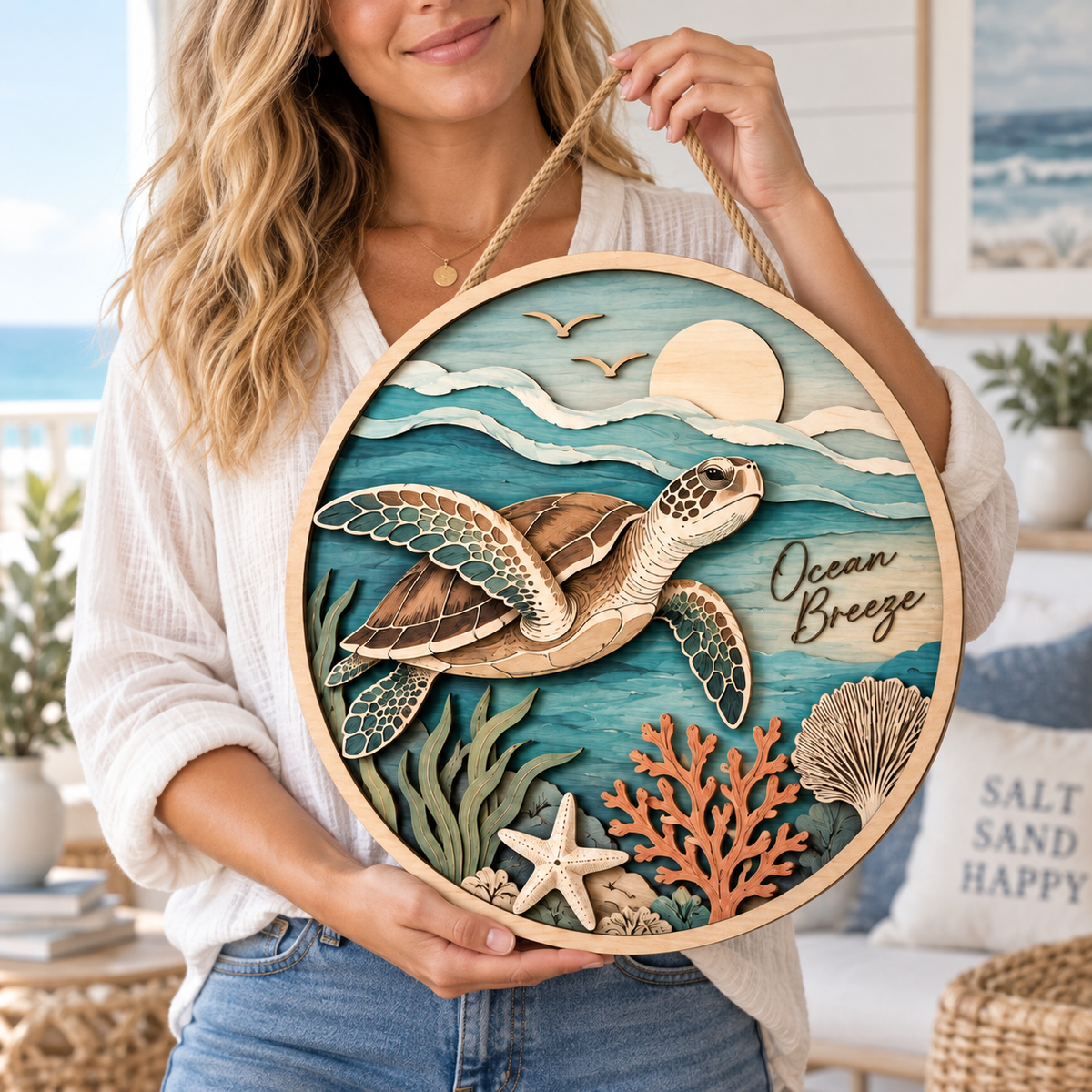 Ocean Breeze Sea Turtle Wooden Wall Decor – Handcrafted Coastal Hanging Artwork for Beach House & Ocean Lover Home