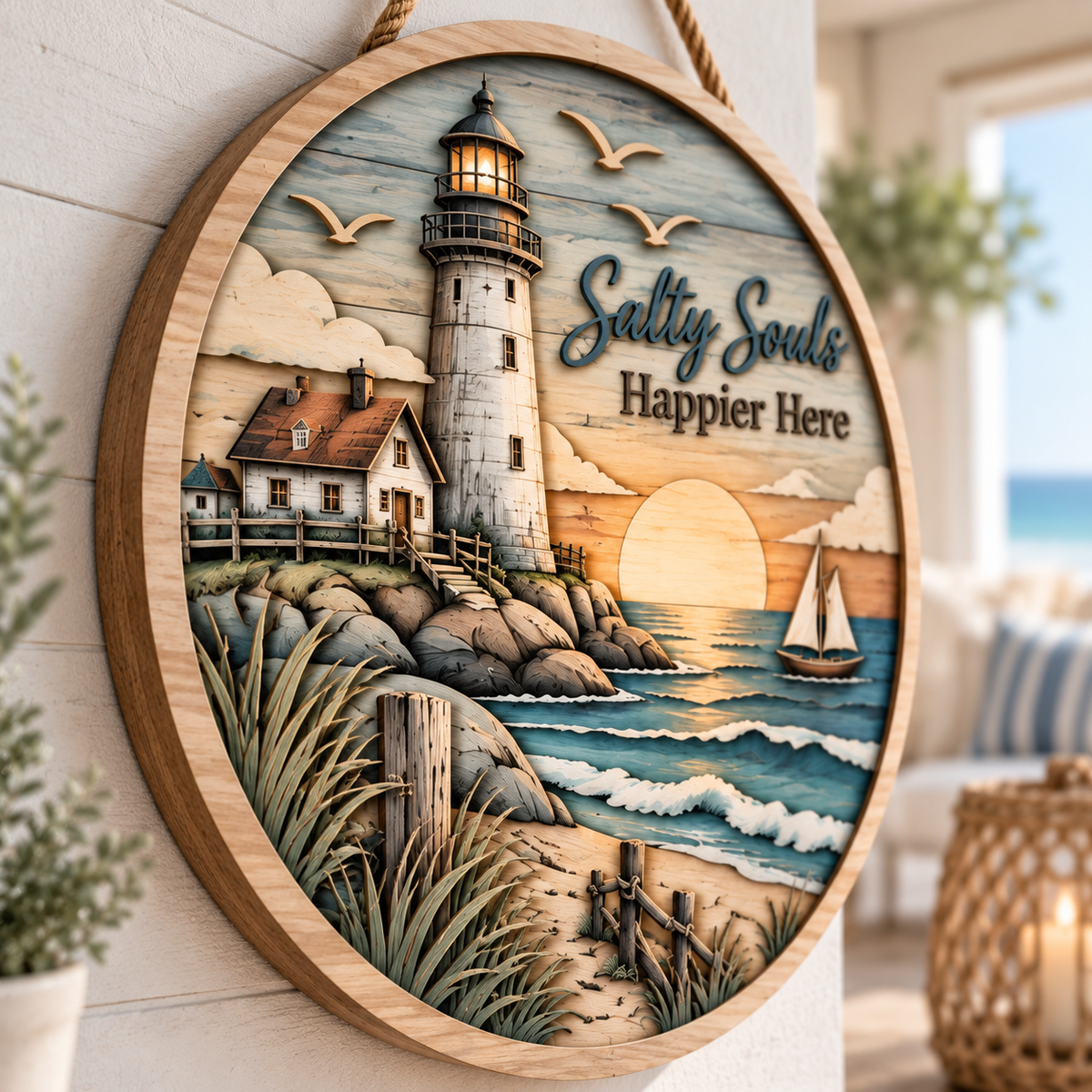 Salty Souls Coastal Wooden Wall Decor – Handcrafted Ocean Hanging Artwork with Anchor & Beach Scene for Coastal Home Style