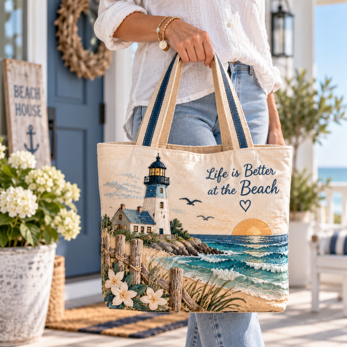 Coastal Lighthouse Beach Canvas Tote Bag – Ocean-Inspired Carryall with Seaside Lighthouse Design for Everyday Adventures