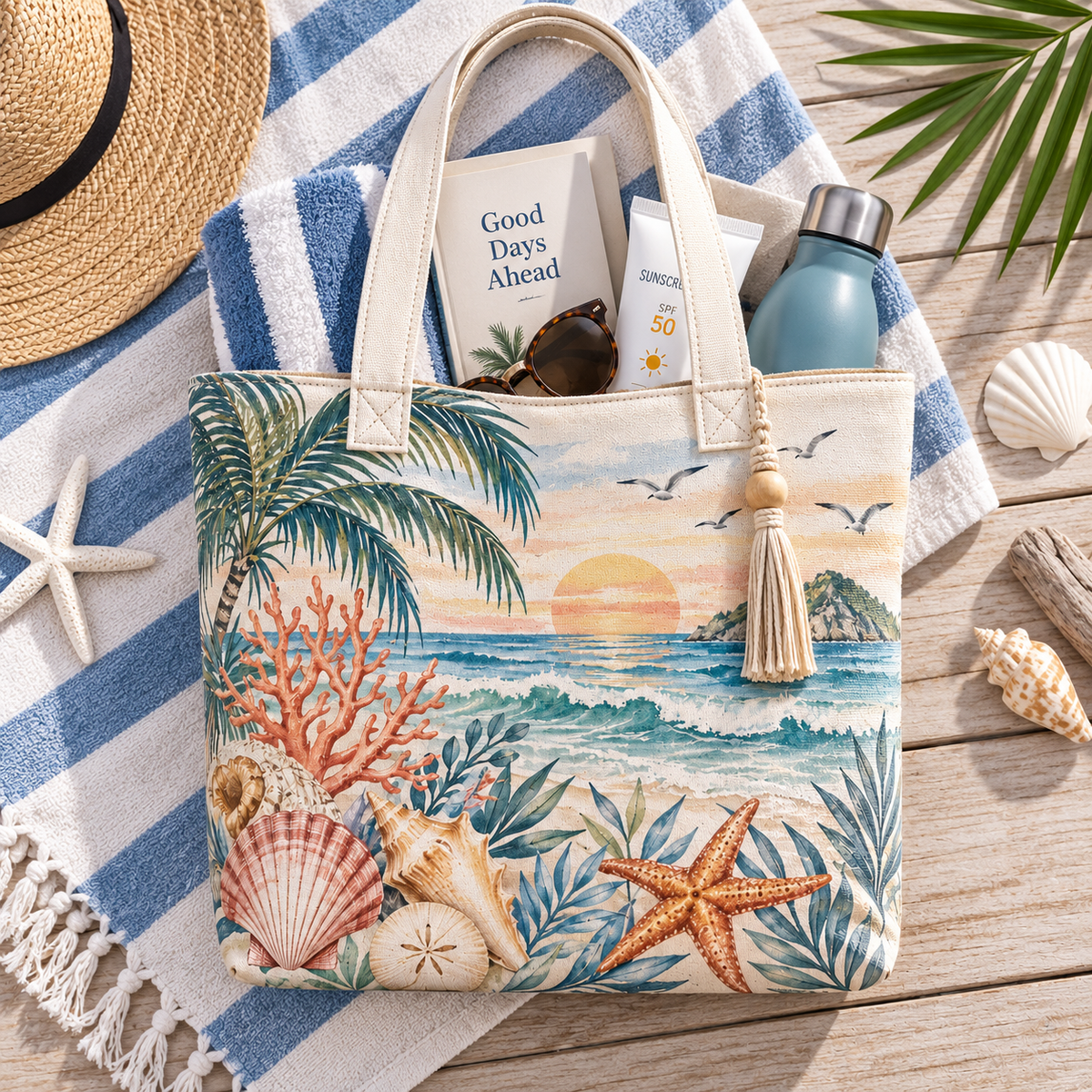 Mediterranean Escape Canvas Tote Bag – Coastal Ocean Wave Beach Bag with Seashell, Coral & Sunset Design