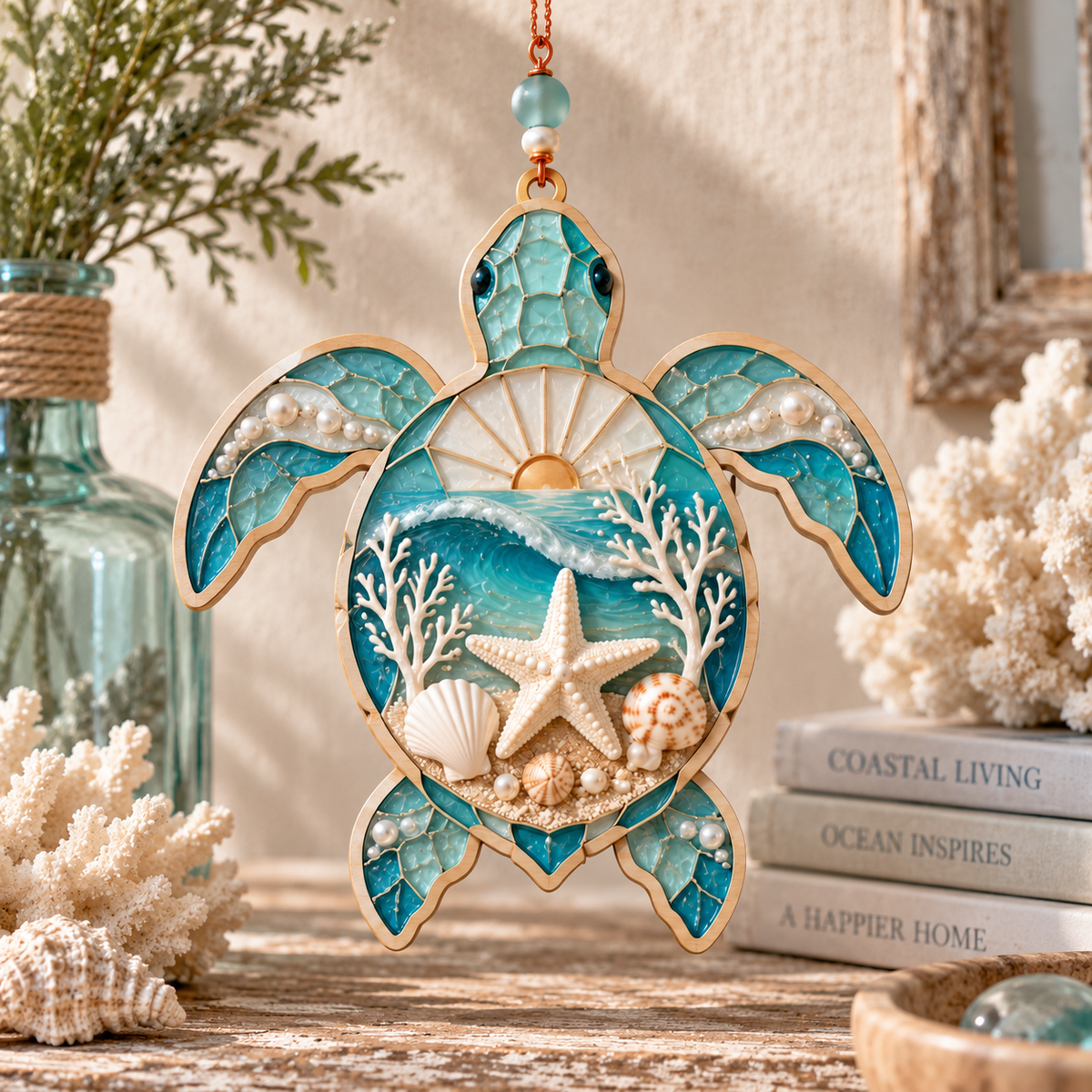 Ocean Turtle Serenity Hanging Decor – Handcrafted Sea Turtle Ornament with Pearl Details, Coral & Coastal Wave Design