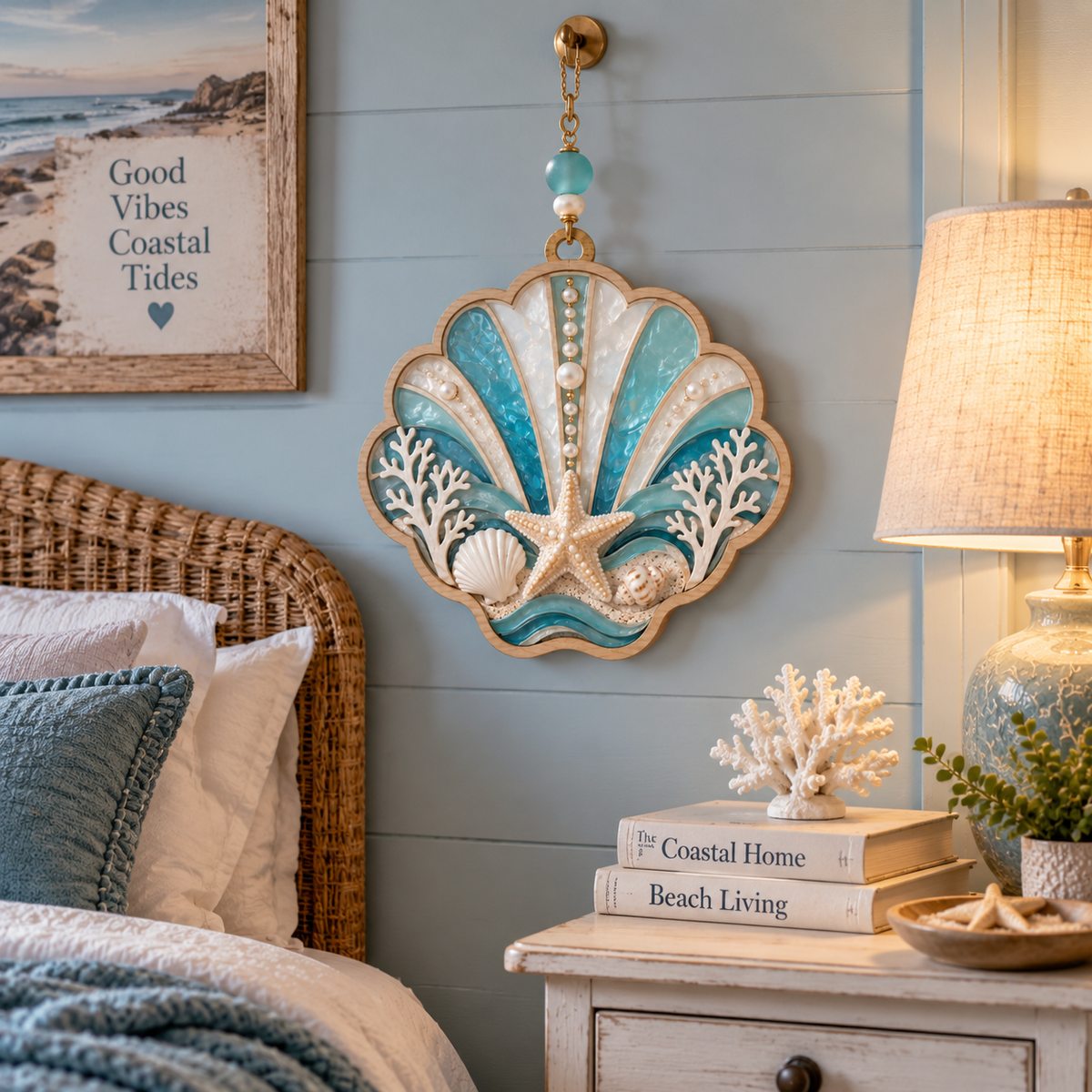 Seashell Serenity Coastal Hanging Decor – Handcrafted Ocean Shell Ornament with Starfish, Pearls & Beach-Inspired Details