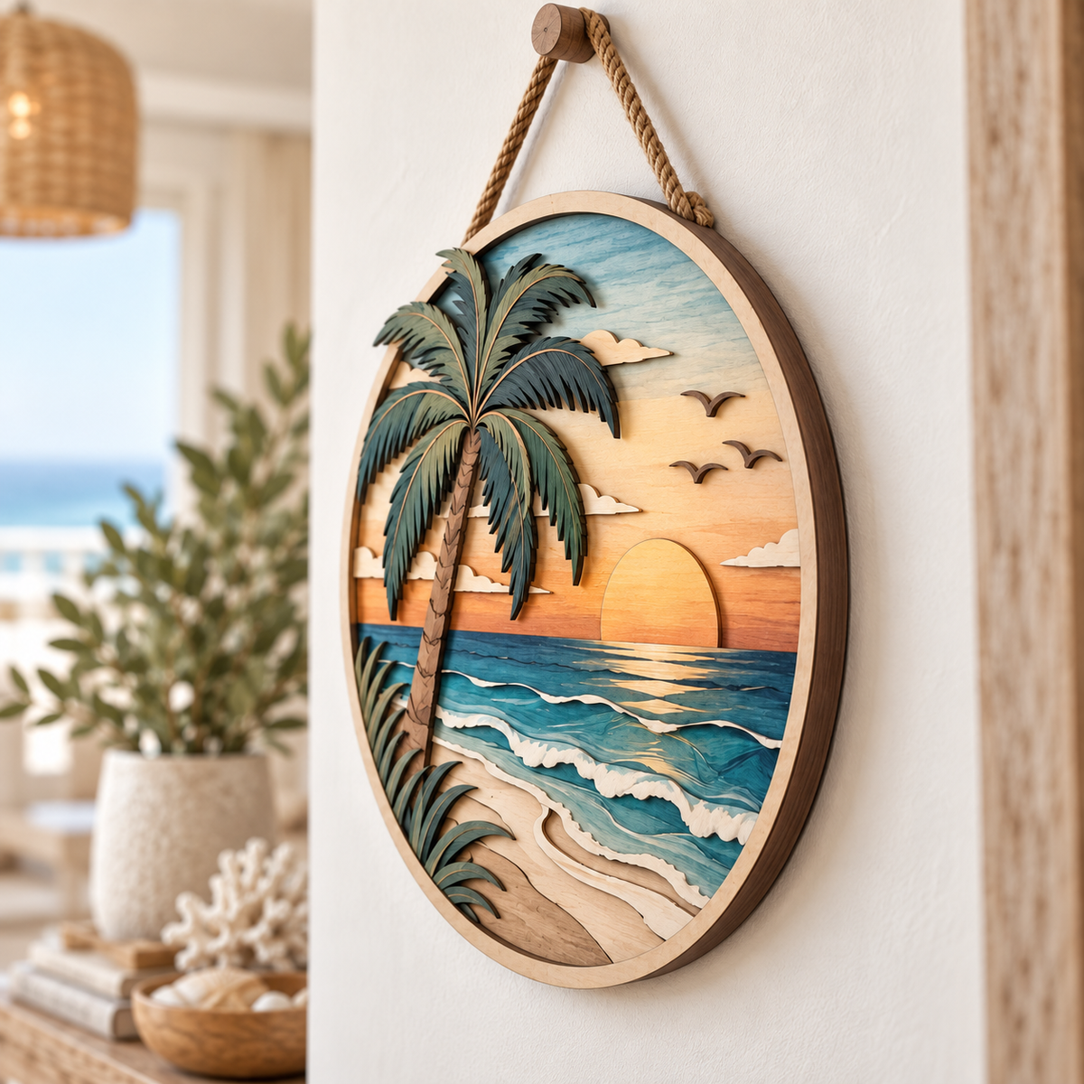 Tropical Sunset Ocean Wooden Wall Decor – Handcrafted Coastal Hanging Artwork for Beach House & Seaside Home