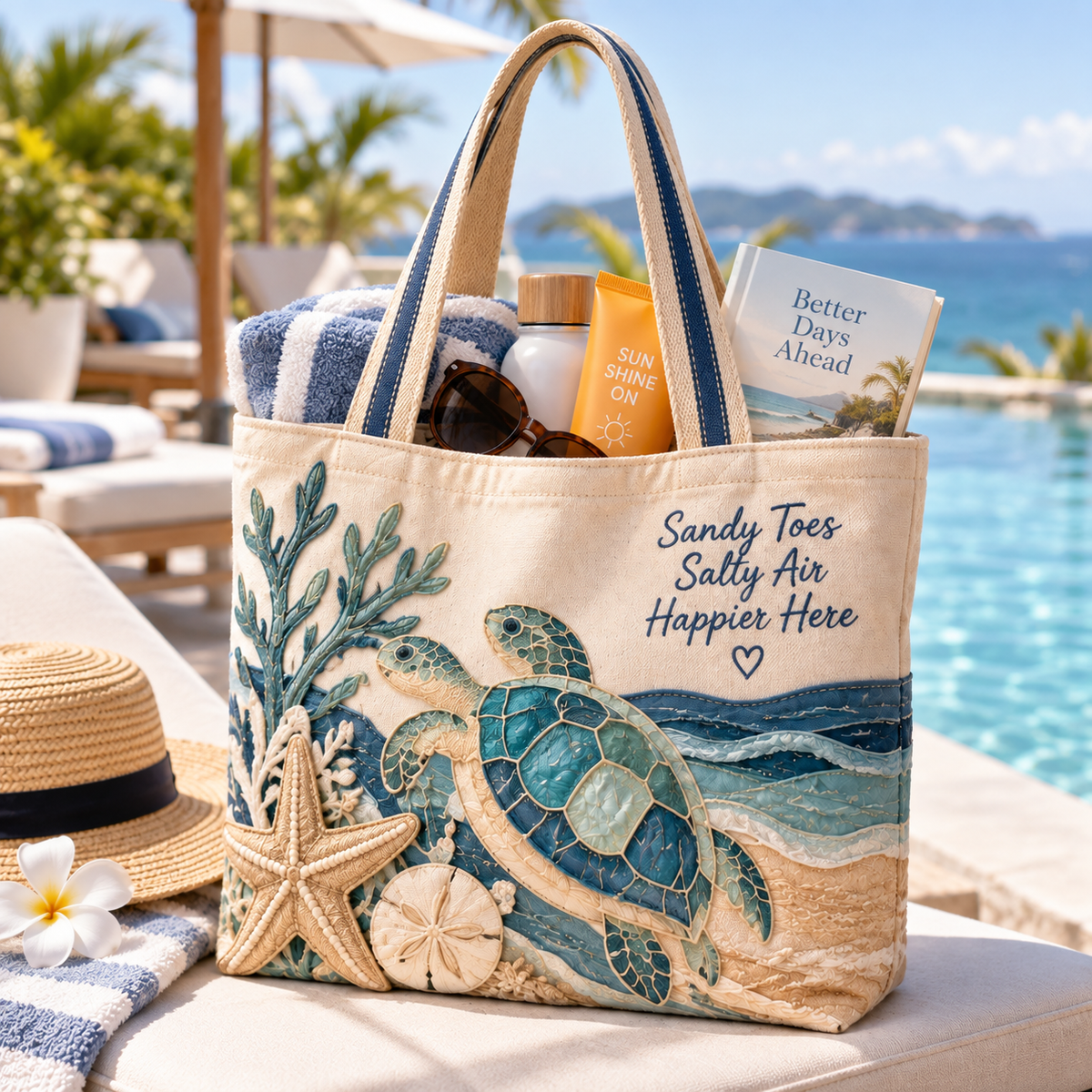 Sandy Toes Coastal Turtle Canvas Tote Bag – Ocean-Inspired Beach Bag with Sea Turtle Design for Everyday Adventures
