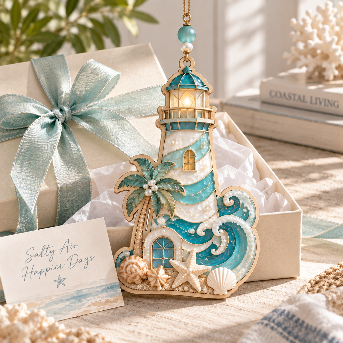 Coastal Lighthouse Sunset Hanging Decor – Handcrafted Ocean Lighthouse Ornament with Palm Tree, Waves & Beach House Details