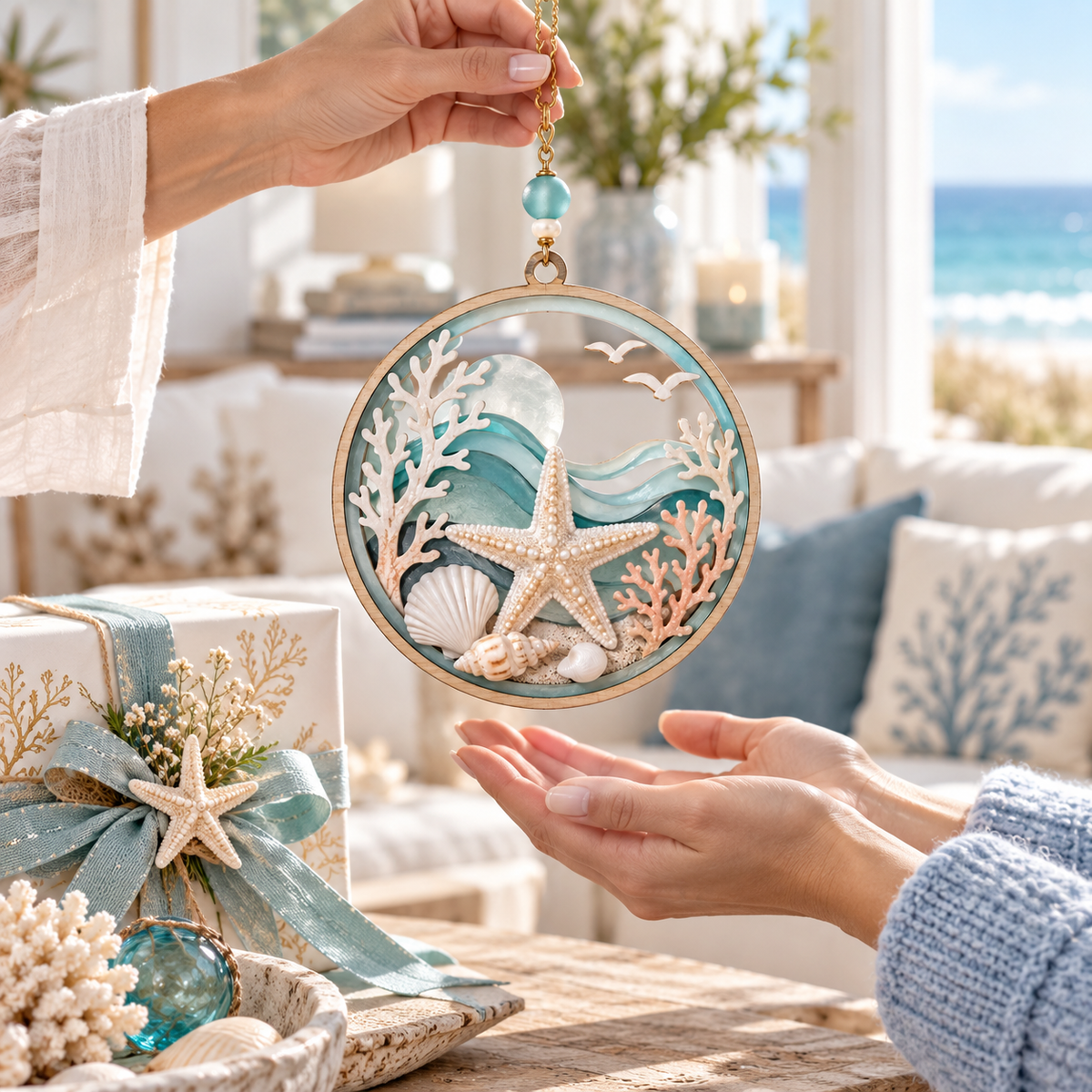 Coastal Starfish Ocean Glass Hanging Decor – Handcrafted Seaside Window Ornament with Shells, Waves & Beach-Inspired Details