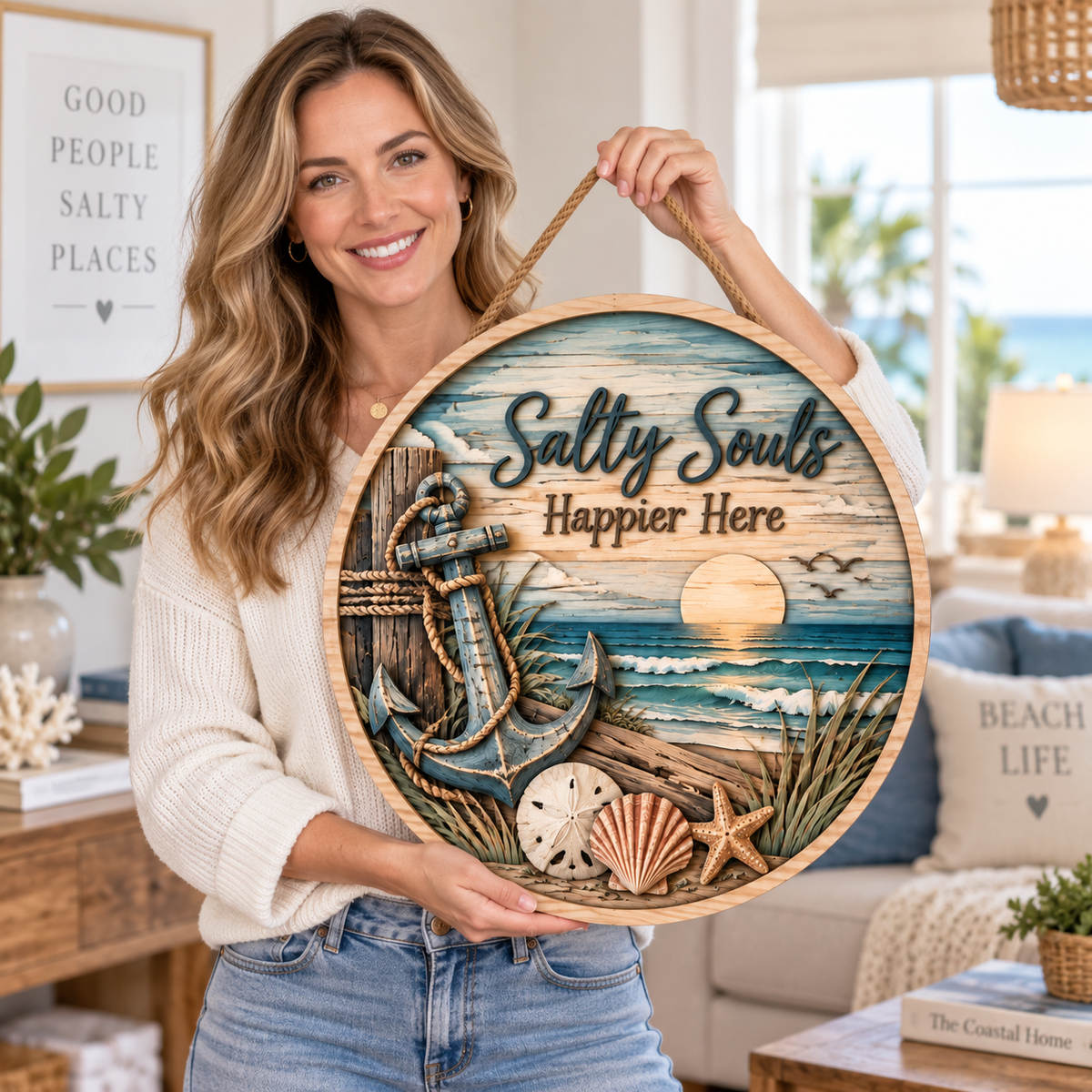 Salty Souls Coastal Wooden Wall Decor – Handcrafted Ocean Hanging Artwork with Anchor & Beach Scene for Coastal Home Style