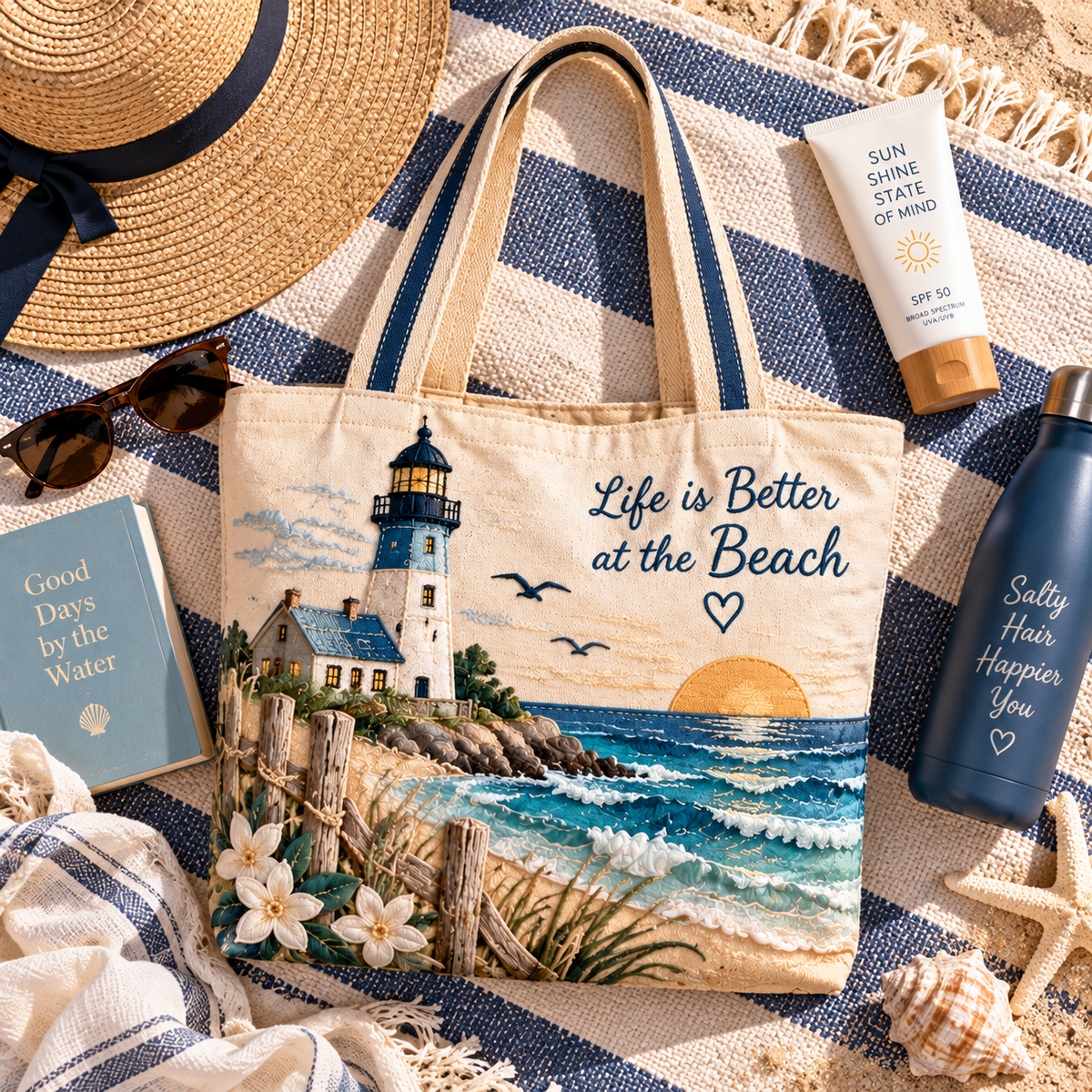 Coastal Lighthouse Beach Canvas Tote Bag – Ocean-Inspired Carryall with Seaside Lighthouse Design for Everyday Adventures