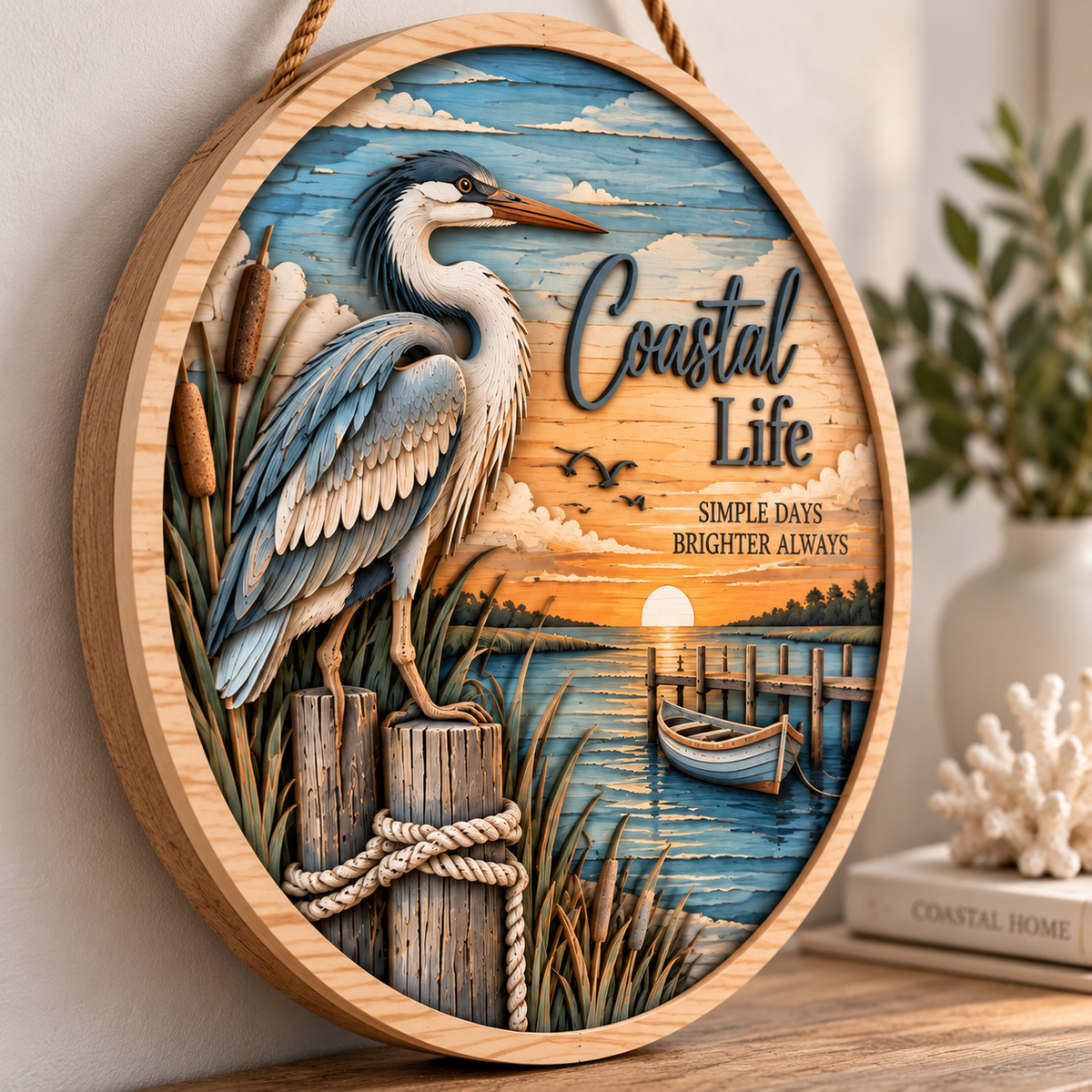 Coastal Life Heron Wooden Wall Decor – Handcrafted Seaside Hanging Artwork with Marsh Bird & Sunset Ocean Scene