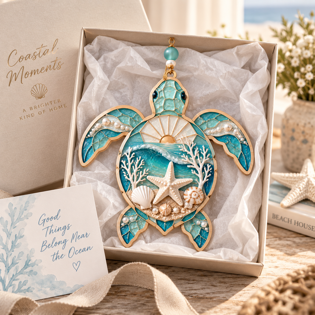 Ocean Turtle Serenity Hanging Decor – Handcrafted Sea Turtle Ornament with Pearl Details, Coral & Coastal Wave Design