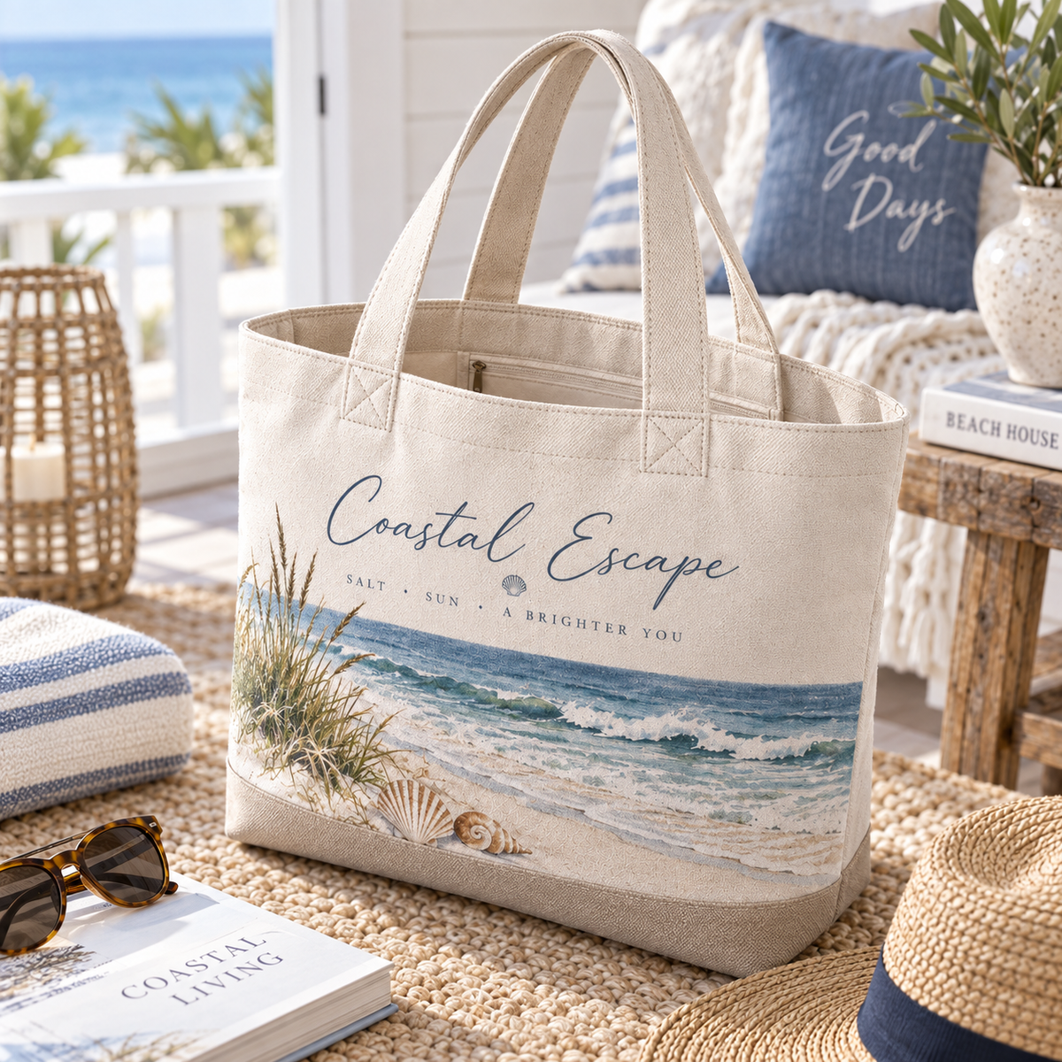 Coastal Escape Canvas Tote Bag – Ocean Wave Beach Bag with Seaside Artwork for Everyday Carry & Summer Adventures