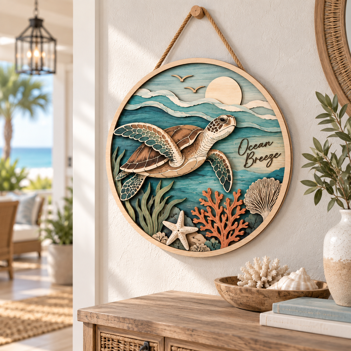 Ocean Breeze Sea Turtle Wooden Wall Decor – Handcrafted Coastal Hanging Artwork for Beach House & Ocean Lover Home