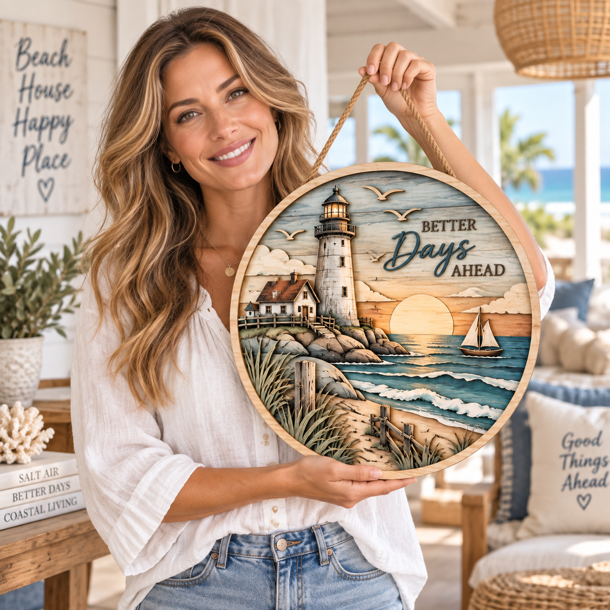 Lighthouse Coastal Escape Wooden Wall Decor – Handcrafted Ocean Scene Hanging Artwork for Beach House & Nautical Home Style