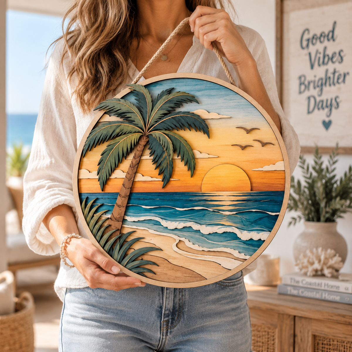 Tropical Sunset Ocean Wooden Wall Decor – Handcrafted Coastal Hanging Artwork for Beach House & Seaside Home