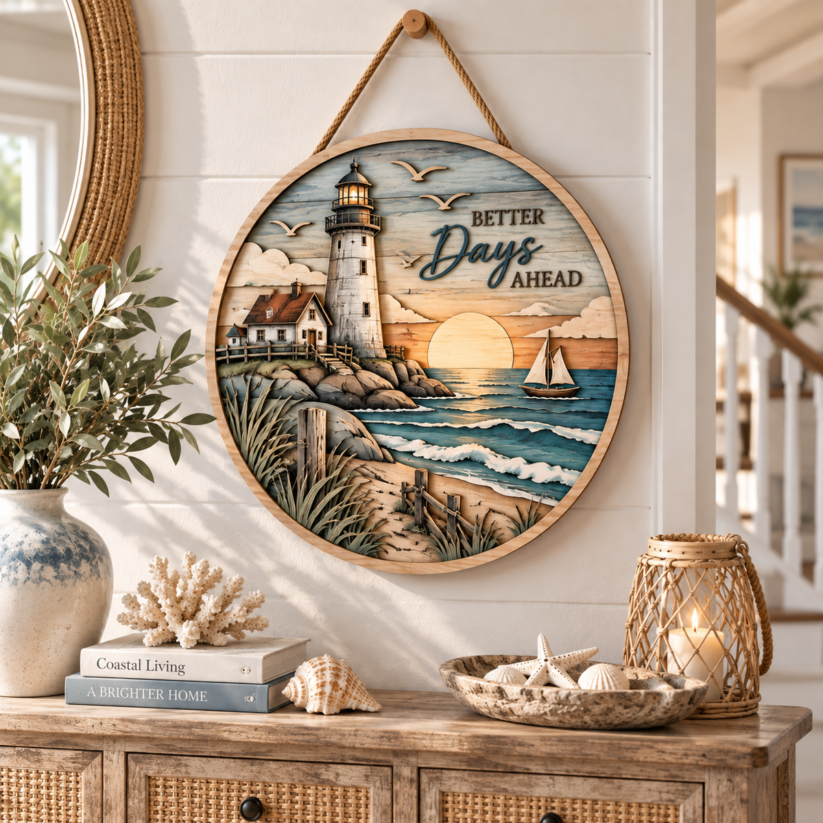 Lighthouse Coastal Escape Wooden Wall Decor – Handcrafted Ocean Scene Hanging Artwork for Beach House & Nautical Home Style
