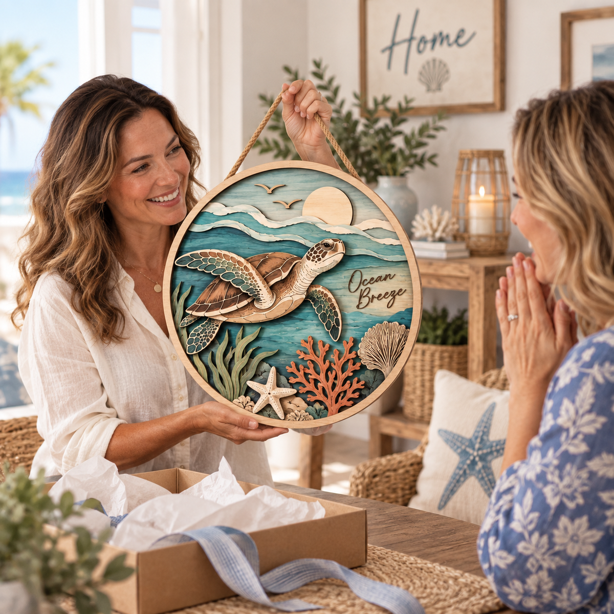 Ocean Breeze Sea Turtle Wooden Wall Decor – Handcrafted Coastal Hanging Artwork for Beach House & Ocean Lover Home