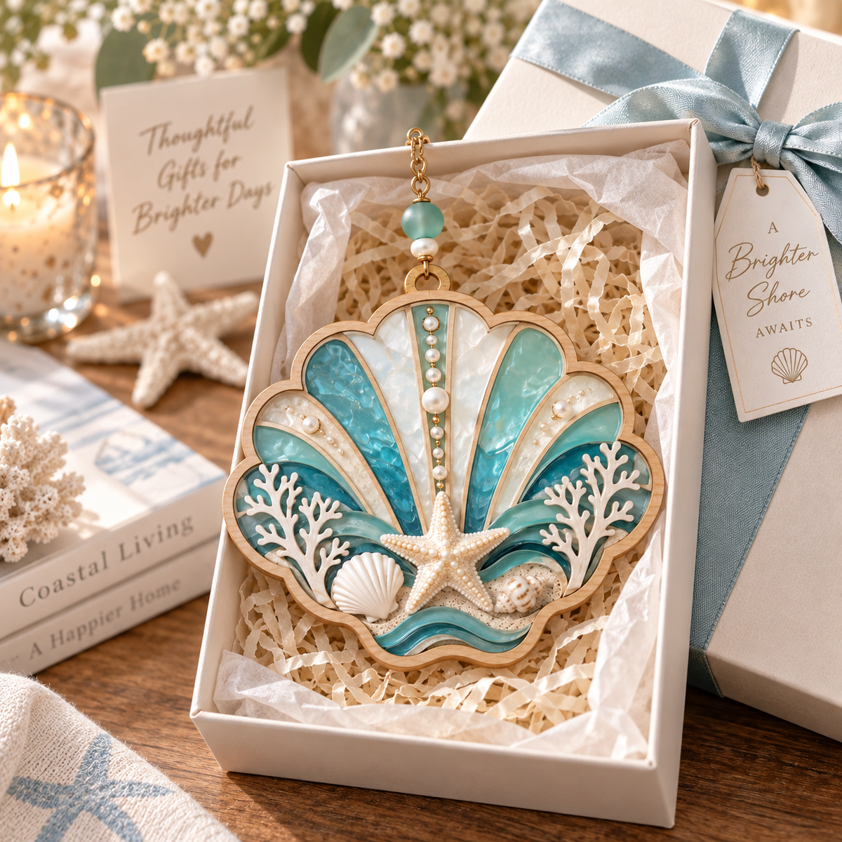 Seashell Serenity Coastal Hanging Decor – Handcrafted Ocean Shell Ornament with Starfish, Pearls & Beach-Inspired Details