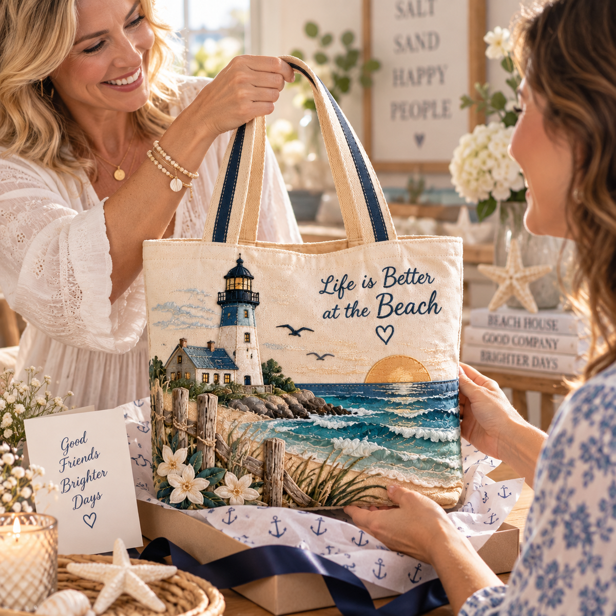 Coastal Lighthouse Beach Canvas Tote Bag – Ocean-Inspired Carryall with Seaside Lighthouse Design for Everyday Adventures